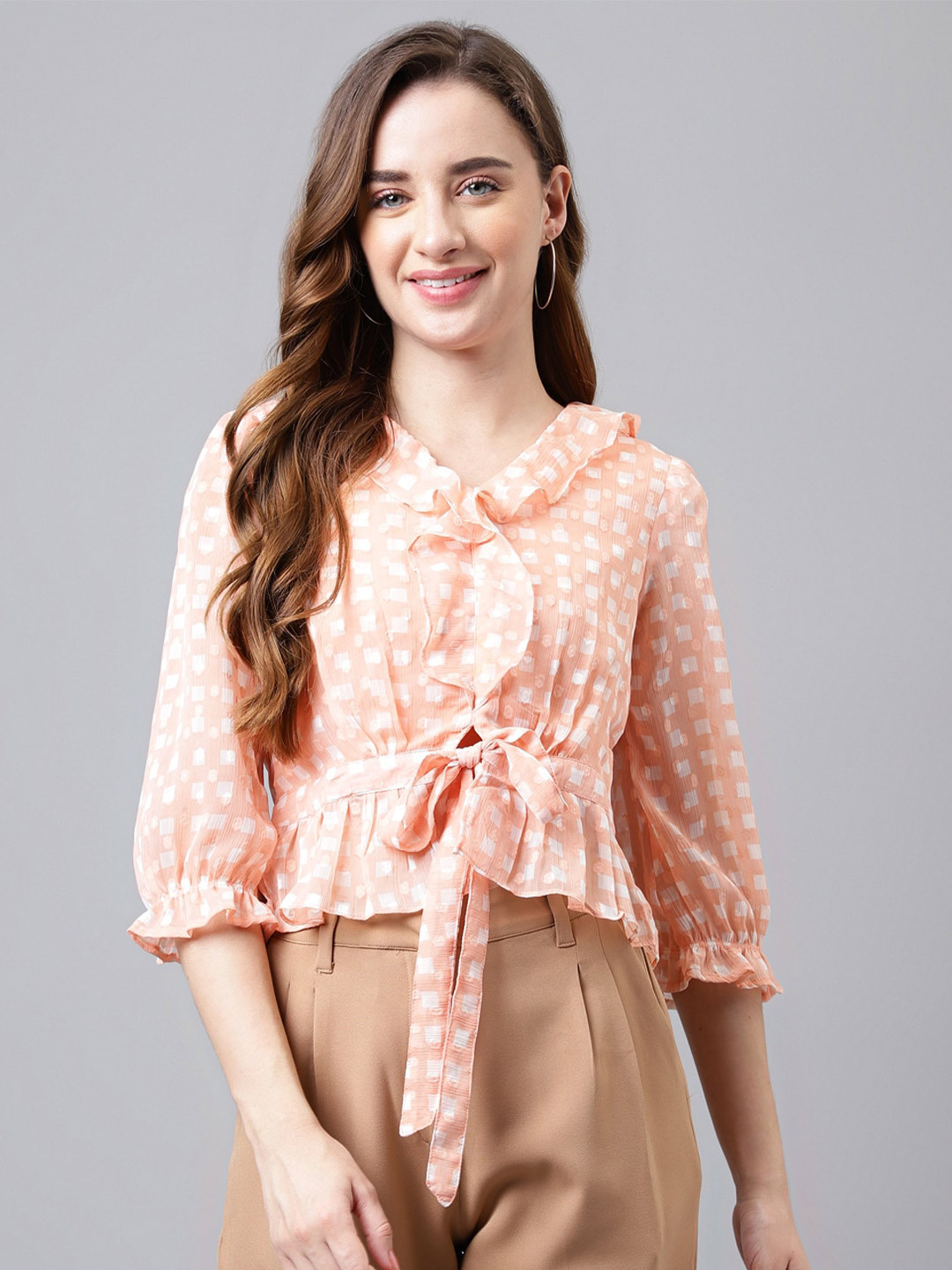 Latin Quarters Geometric Printed Puff Sleeve Peplum Top
