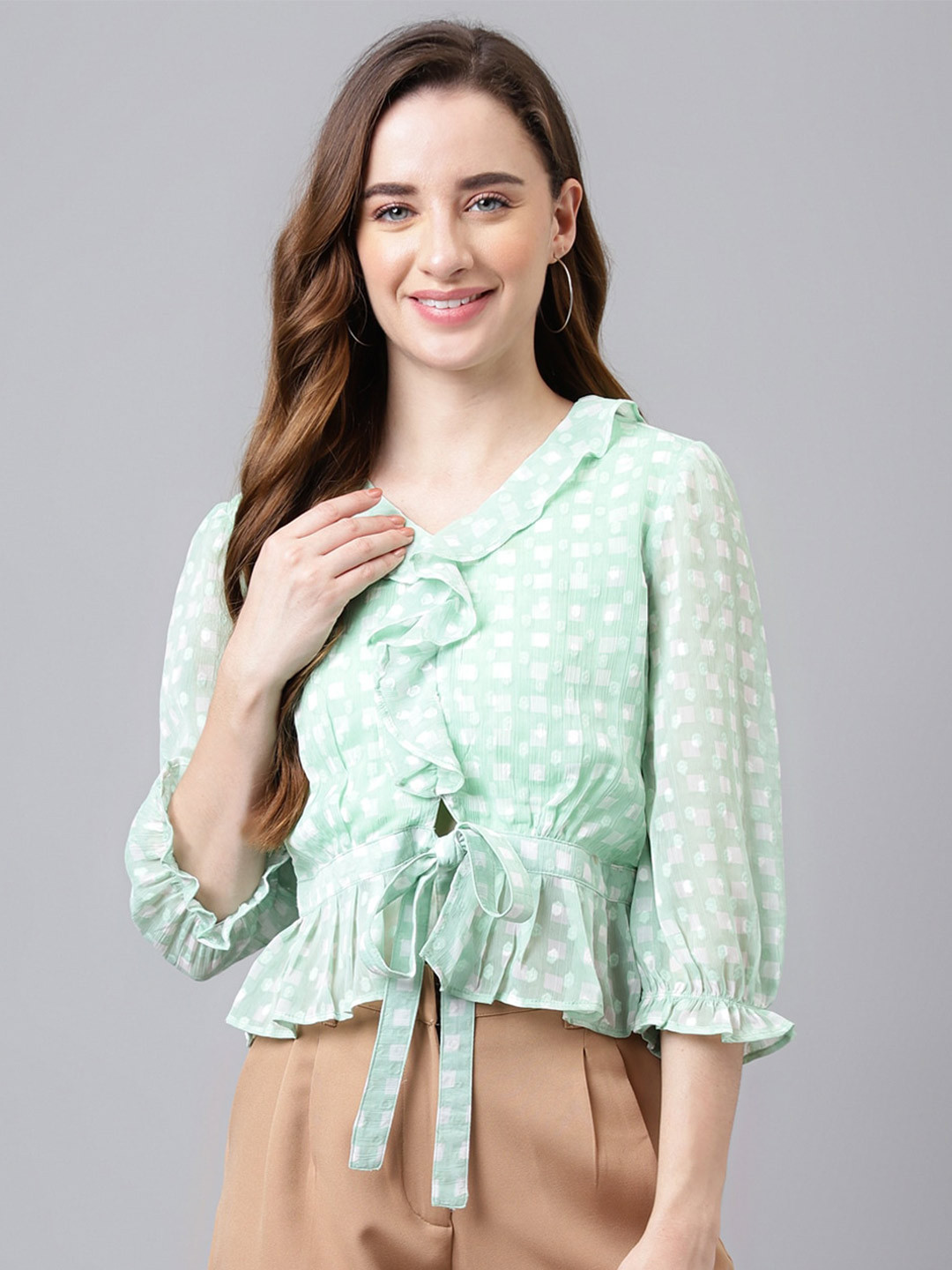 Latin Quarters Checked Ruffles Cinched Waist Crop Top