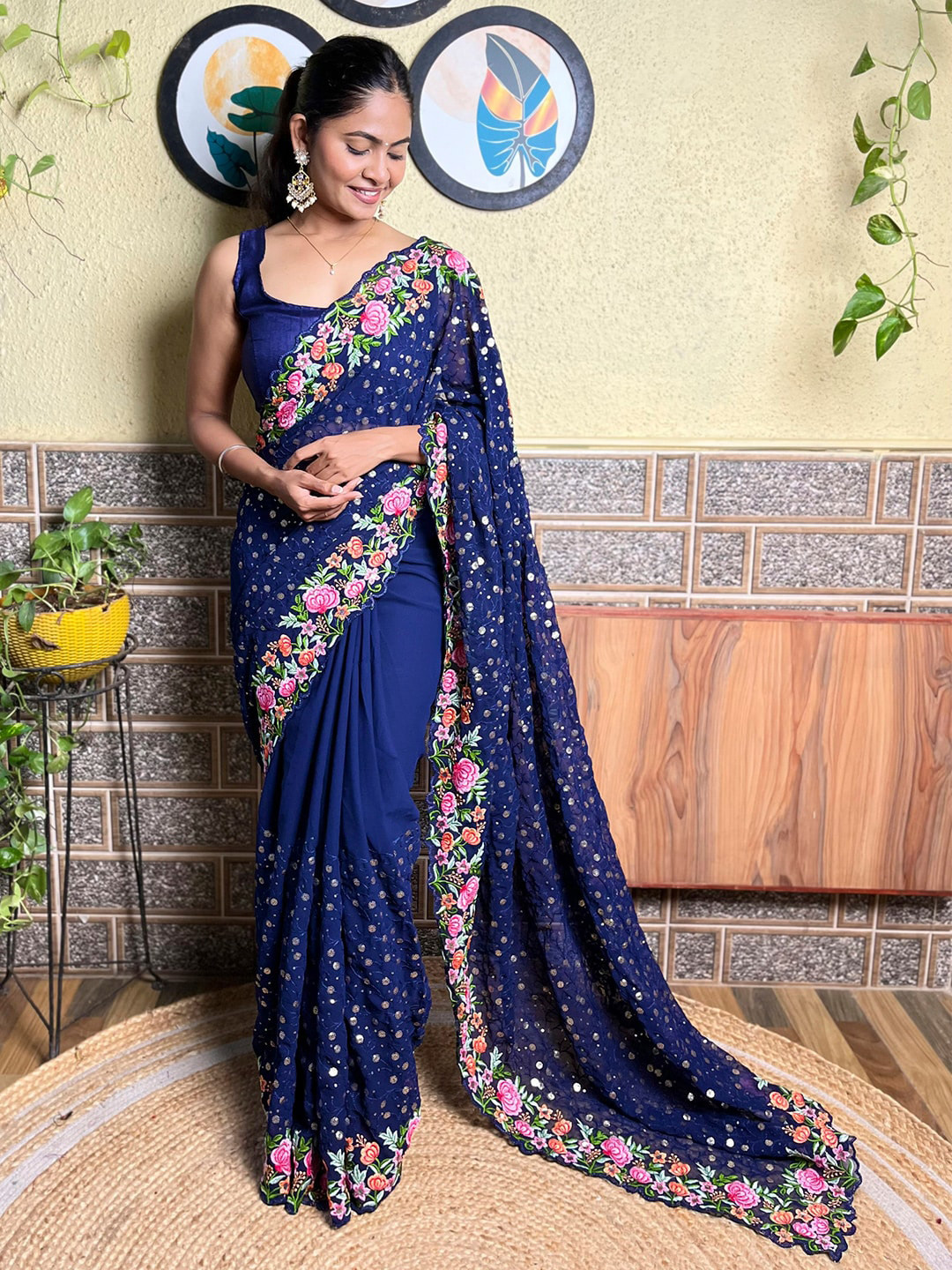Mitera Blue Floral Embroidered Sequinned Detailed Poly Georgette Saree
