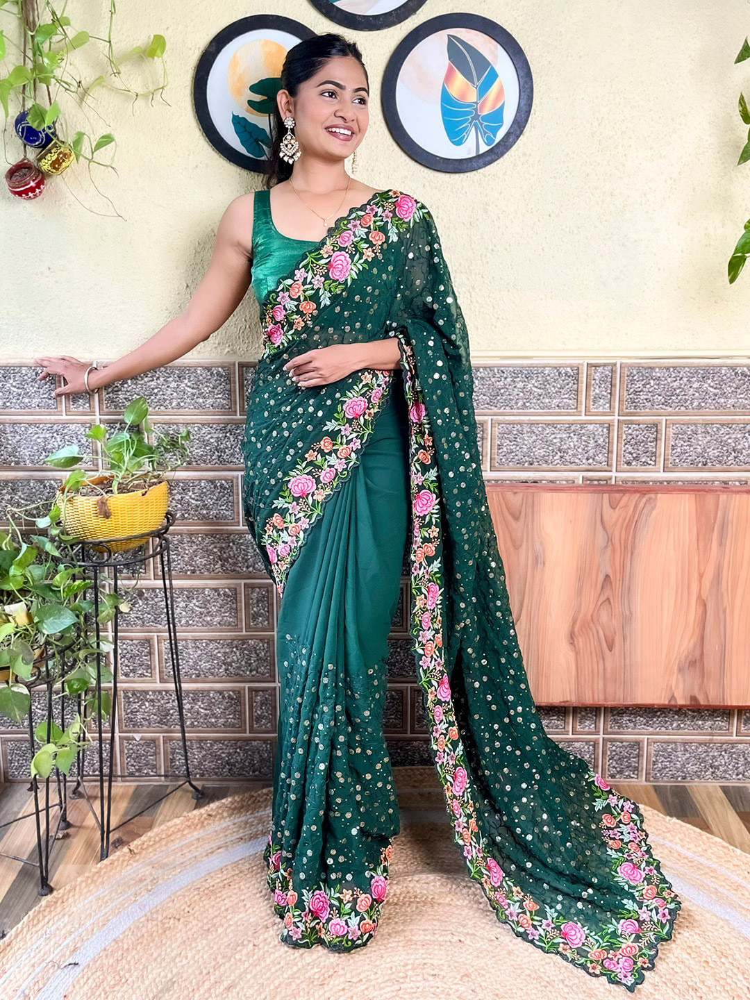 Mitera Green Ethnic Motifs Embellished Embroidered Poly Georgette Designer Saree