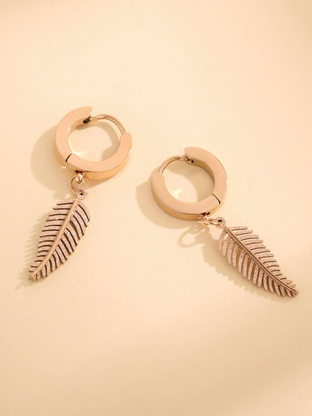 MYKI Rose Gold-Plated American Diamond-Studded Leaf Shaped Hoop Drop Earring