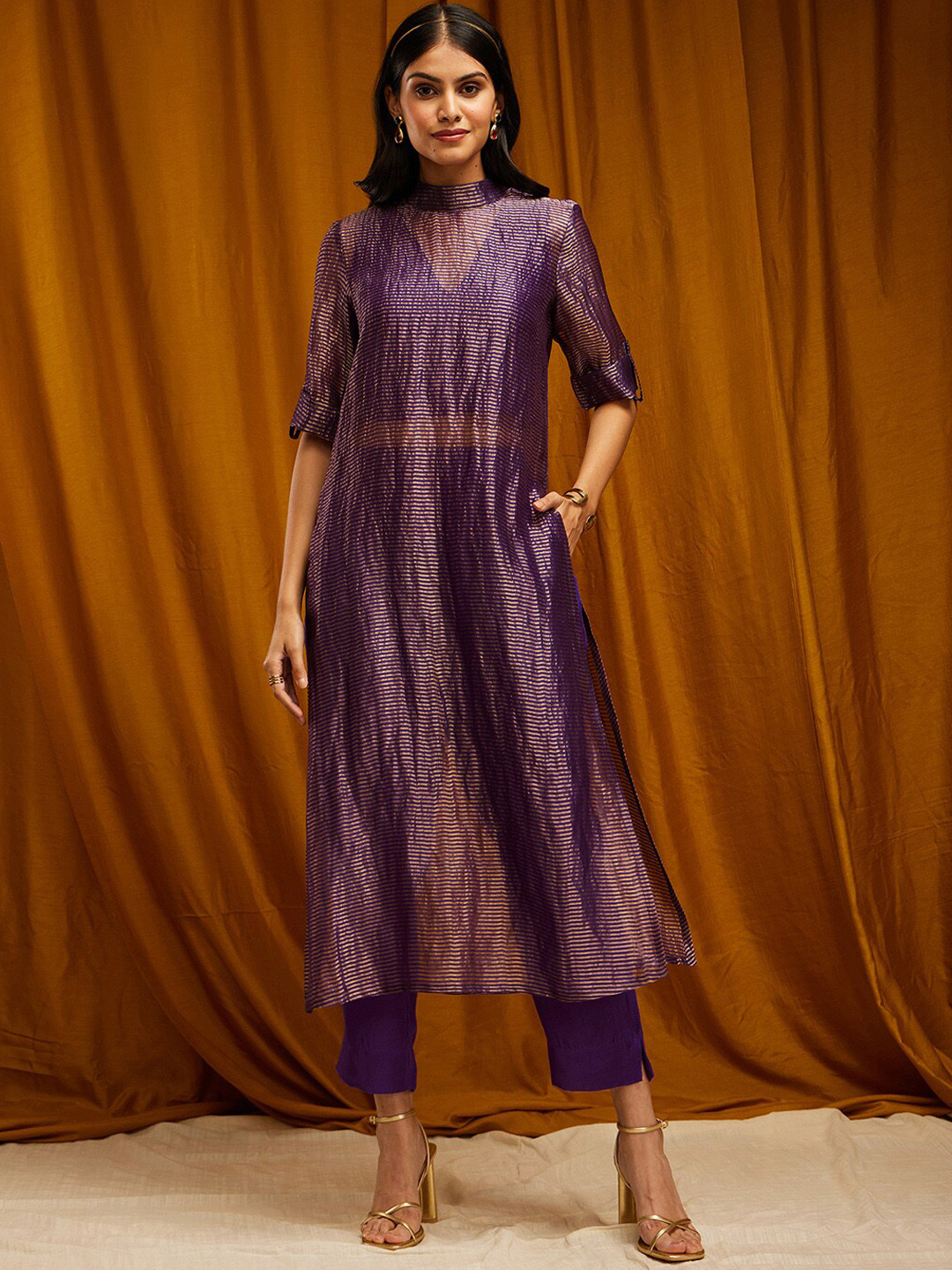 Pink Fort Striped Roll Up Sleeves Kurta with Trousers