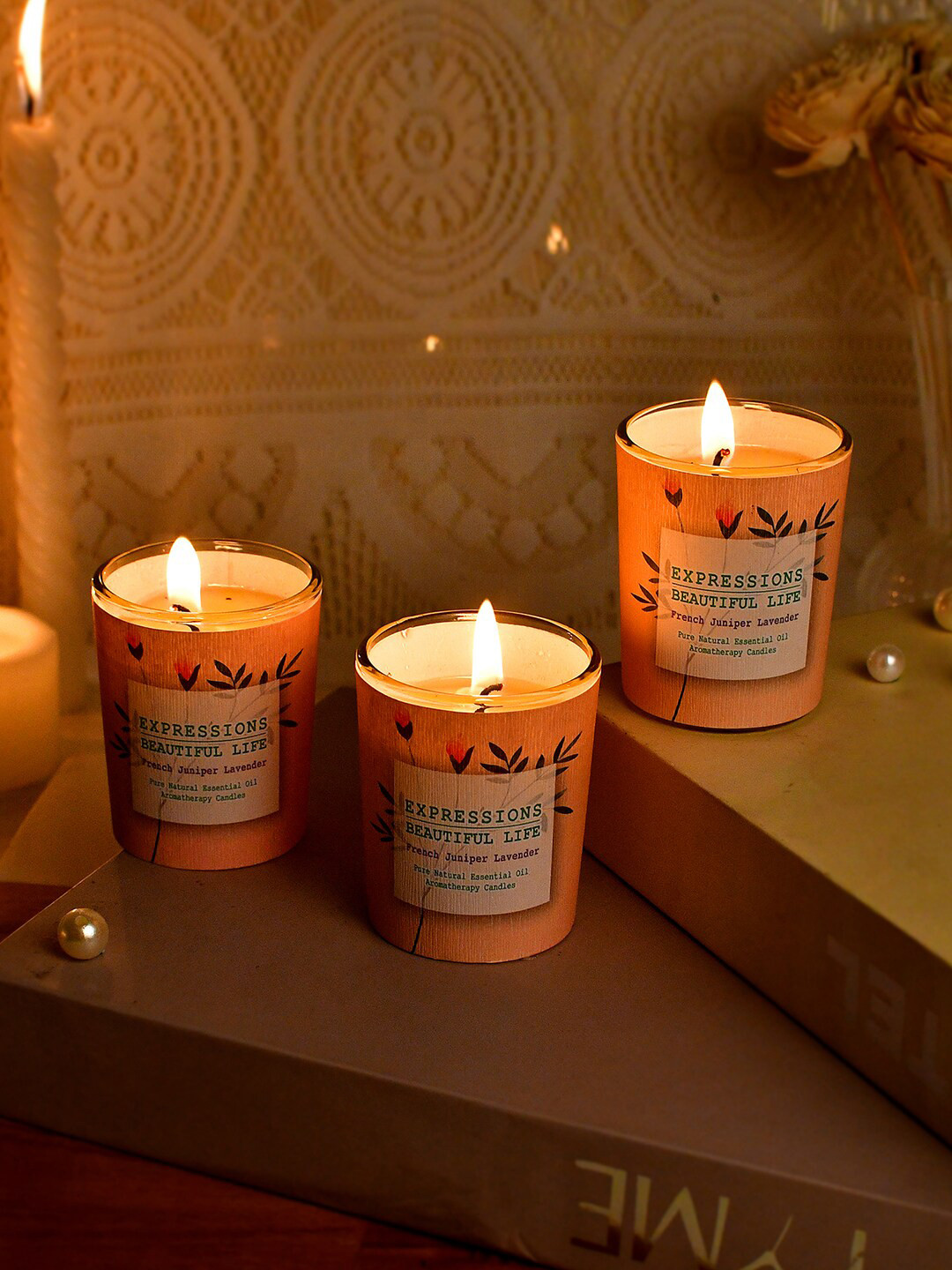 TAYHAA Aroma Fusion Illuminated 3Pcs French Juniper Lavender Floral Jar Candles