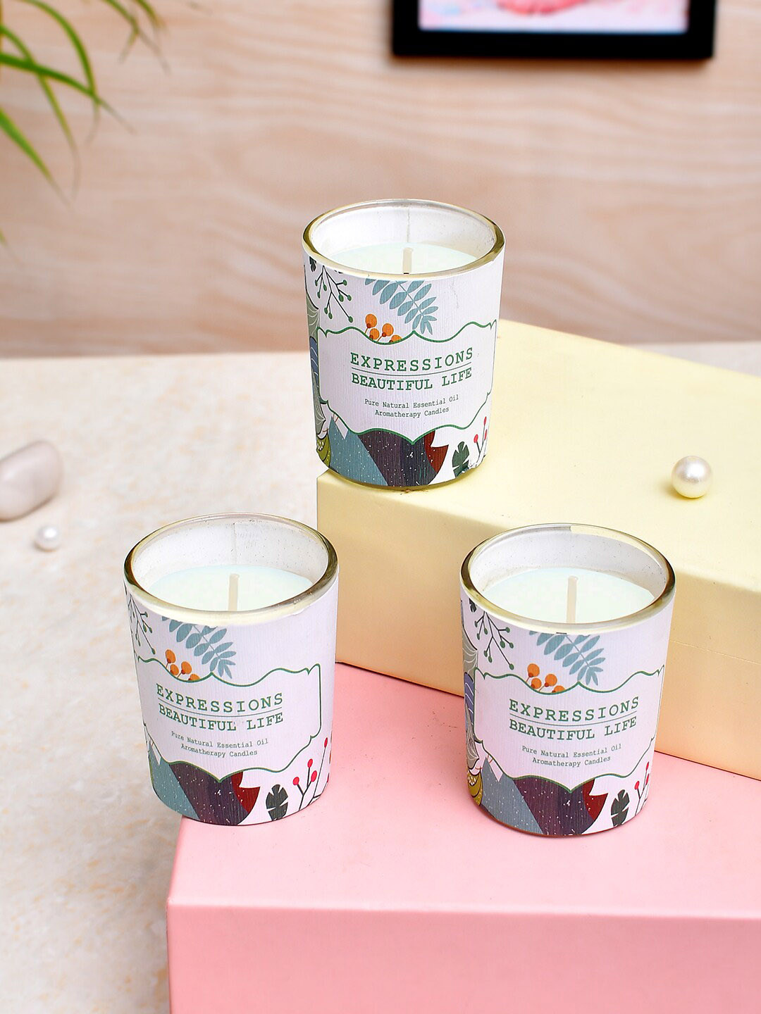 TAYHAA Aroma Fusion Illuminated 3Pcs Scented 1 Wick Leaf Geometric Regular Jar Candles