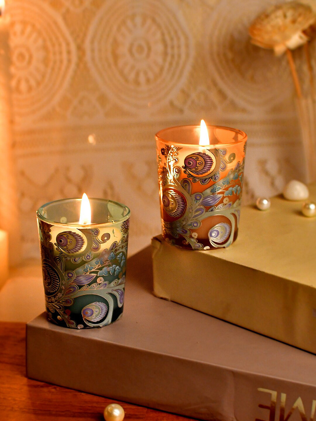 TAYHAA Illuminated 2Pcs Scented 1 Wick Scented Ethnic Motifs Geometric Regular Jar Candles
