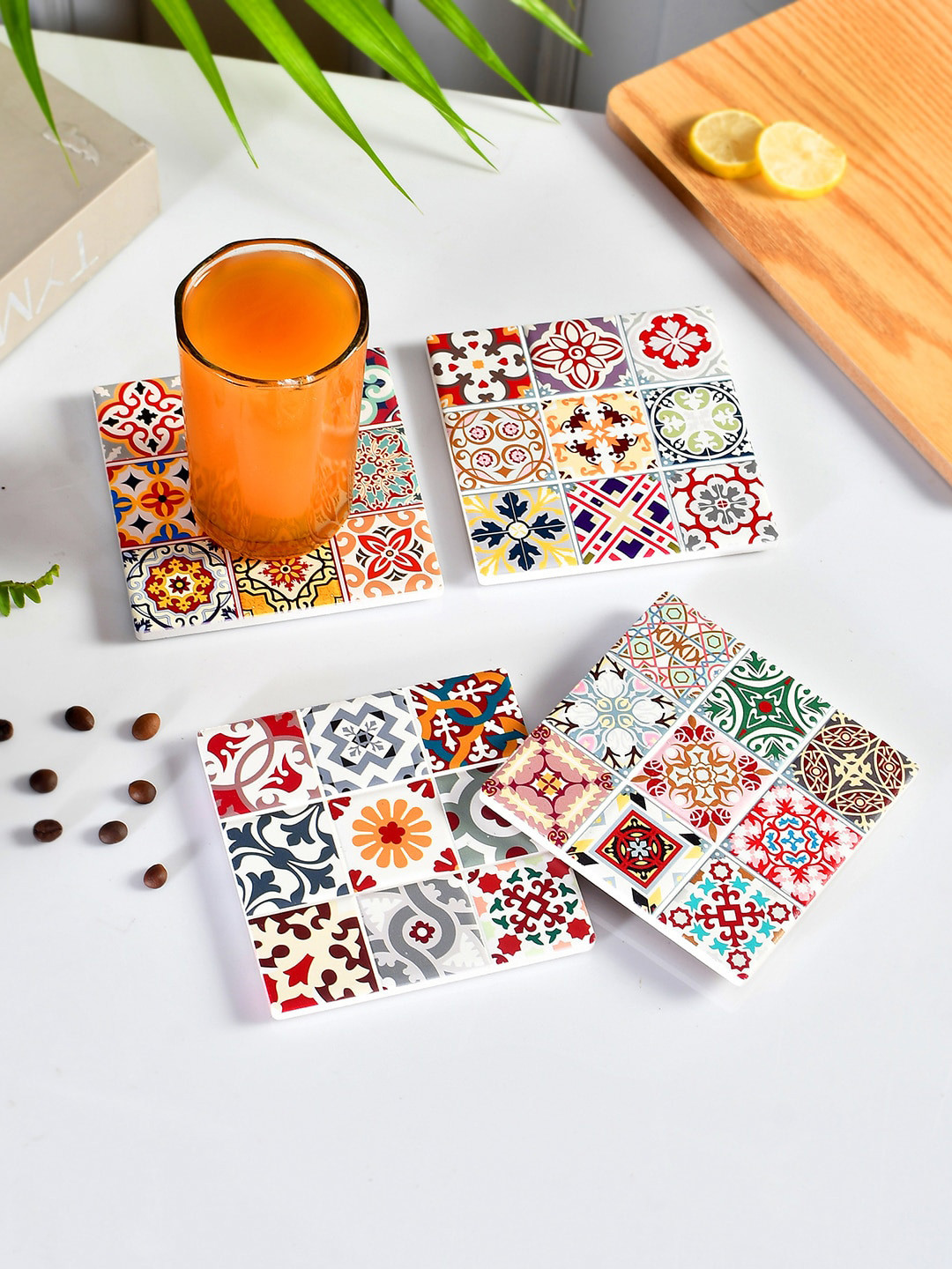 TAYHAA White & Red 4 Pieces Mosaic Printed Square Ceramic Coasters