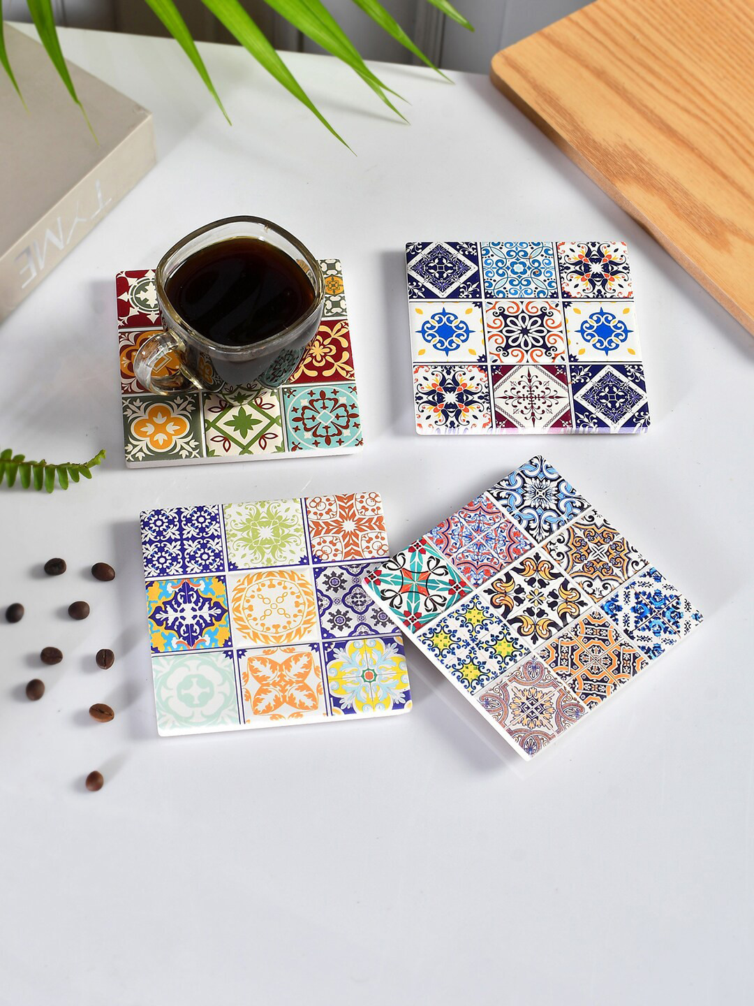 TAYHAA Blue & Orange 4 Pieces Mosaic Printed Square Ceramic Coasters