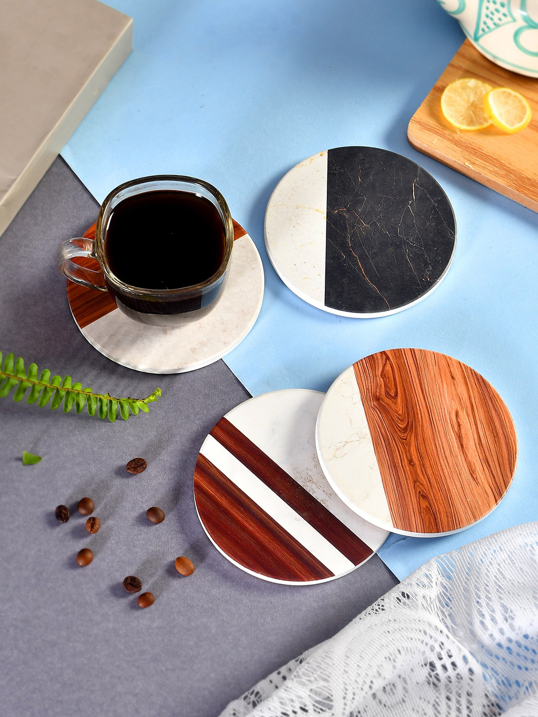 TAYHAA White & Brown 4 Pieces Abstract Printed Circular Ceramic Coasters