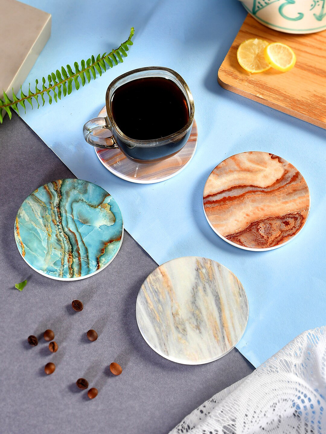 TAYHAA Brown Grey & Blue Abstract Printed Circular Ceramic Coasters