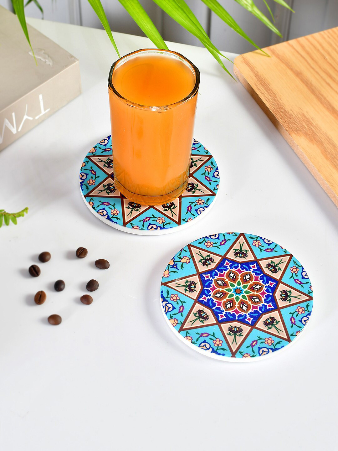 TAYHAA Blue & Orange 2 Pieces Floral Printed Circular Ceramic Coasters