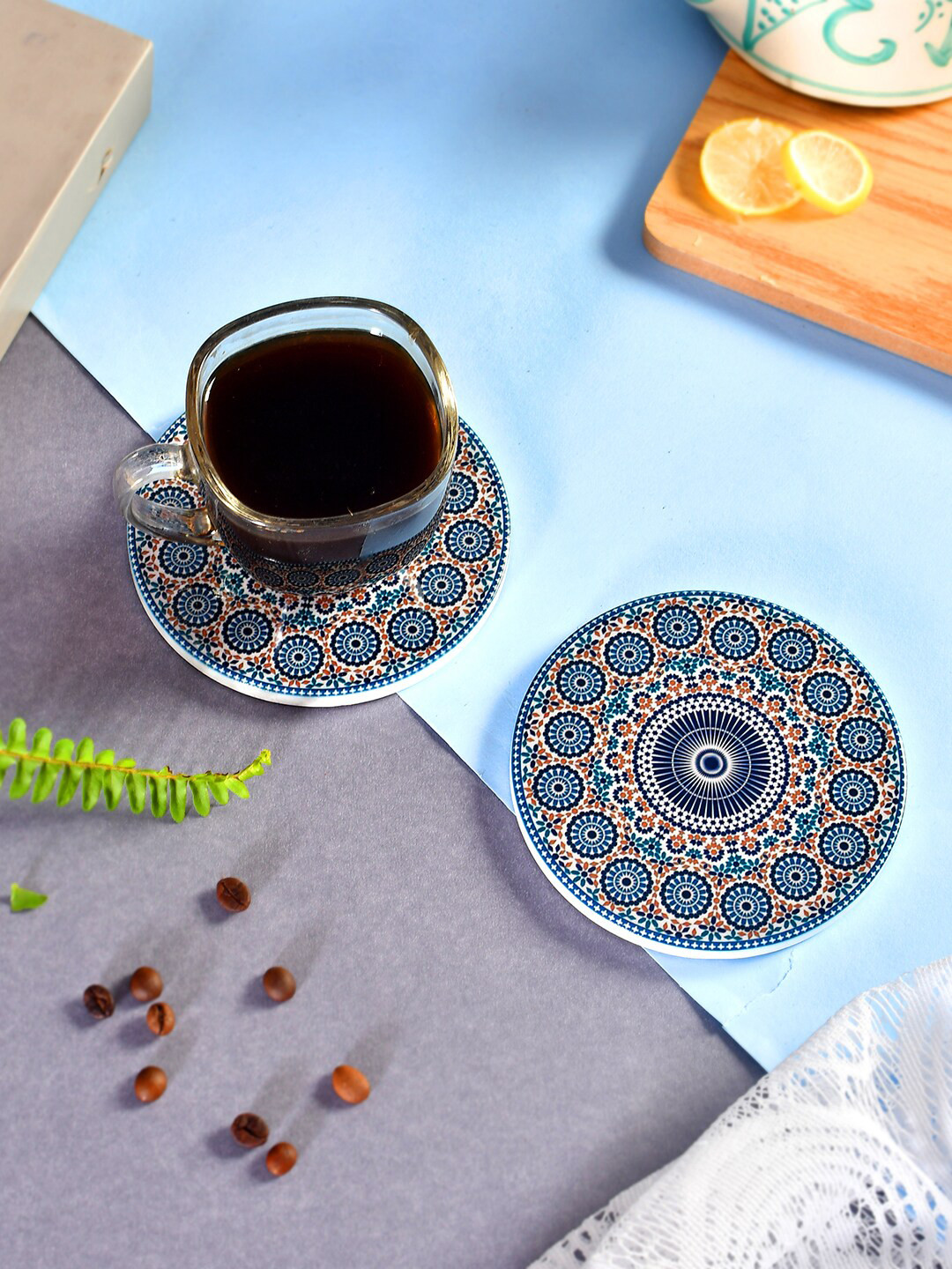 TAYHAA Blue 2 Pieces Floral Printed Round Marble Coasters