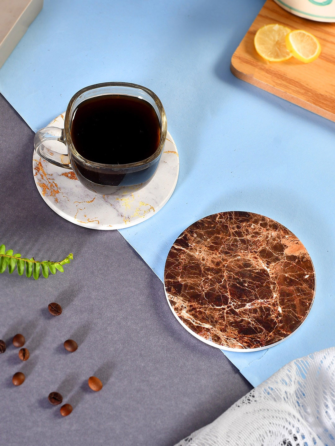 TAYHAA Brown & White 2 Pieces Abstract Printed Round Marble Coasters