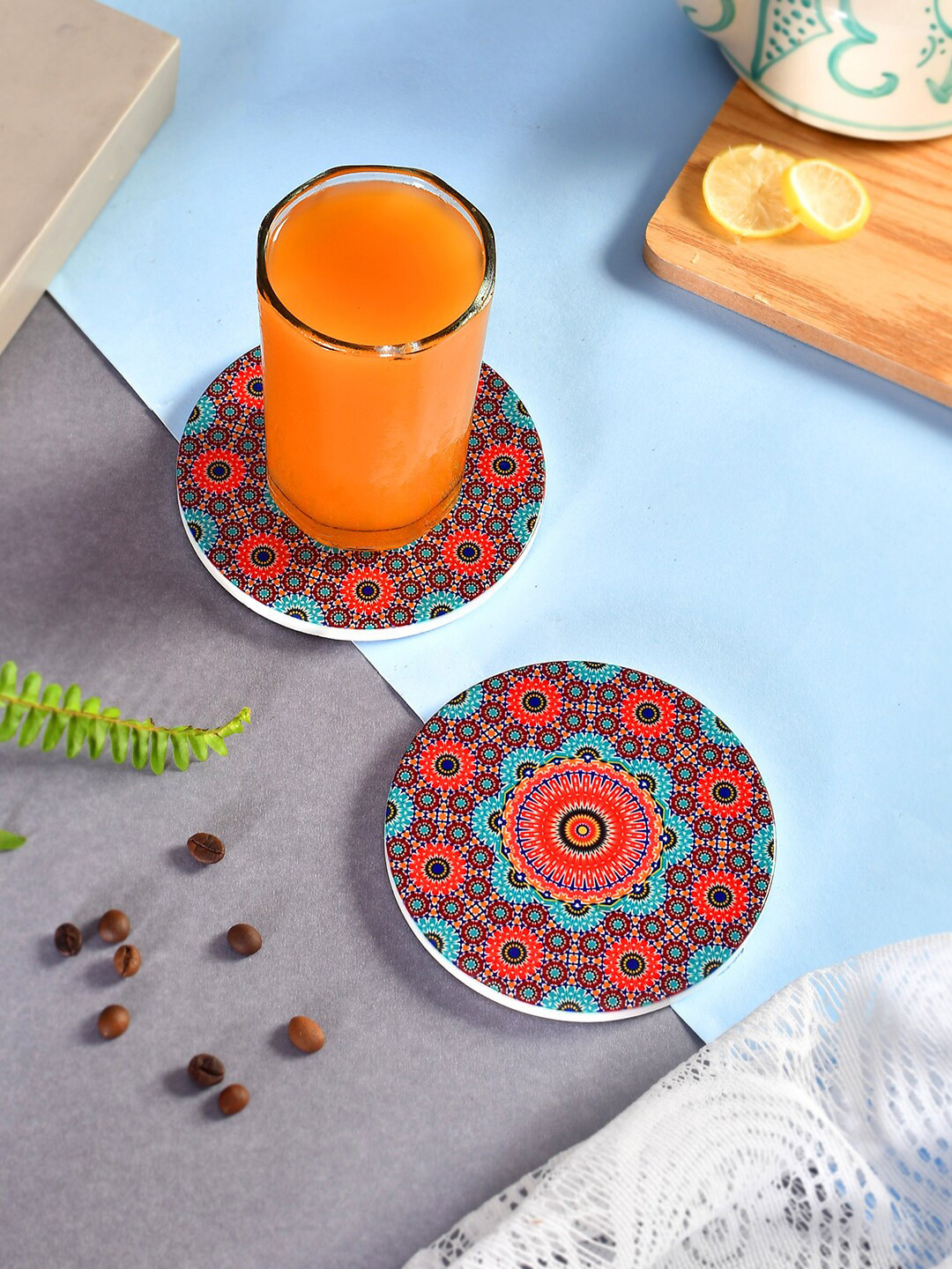 TAYHAA Red & Green 2 Pieces Mandala Printed Round Ceramic Coasters