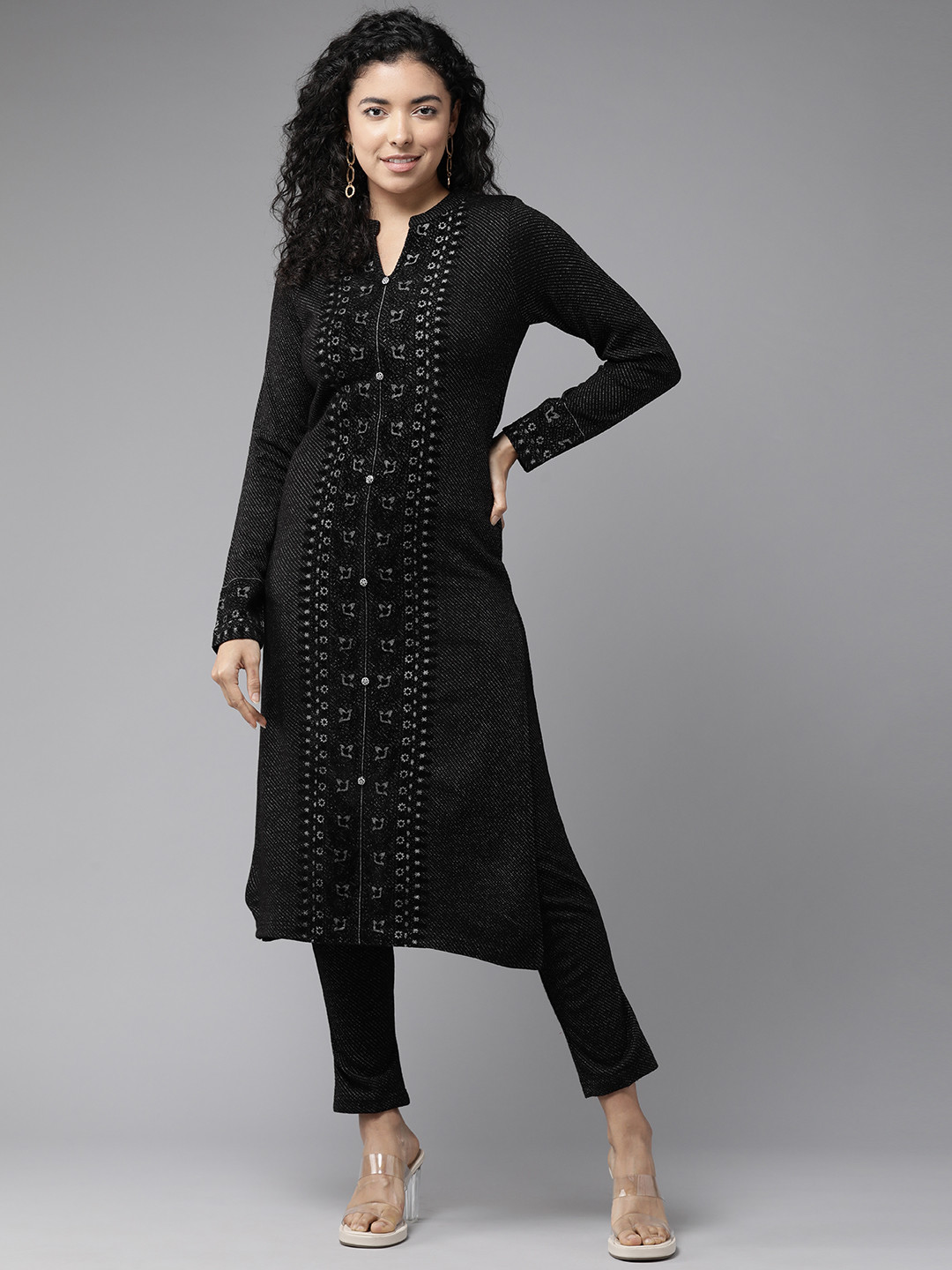 Cayman Floral Embroidered Panelled Pure Wool Kurta with Trousers