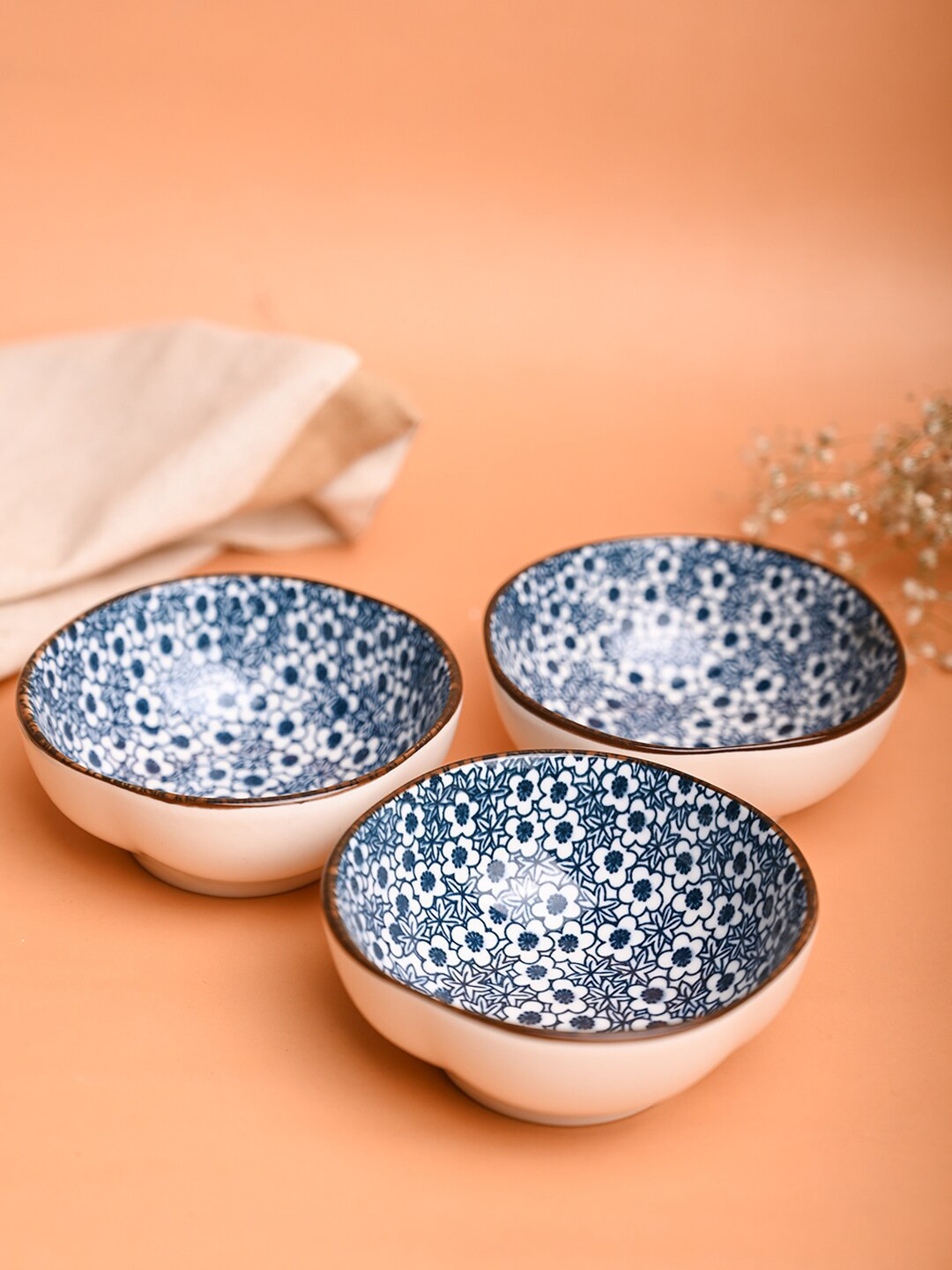 MARKET99 Blue White 3 Pieces Printed Ceramic Serving Bowls 100ML