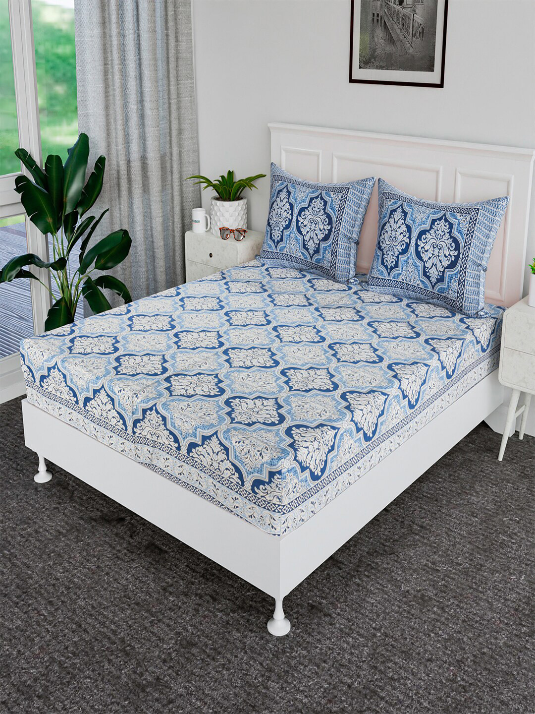 Kuber Industries Blue Ethnic Motifs Cotton Breathable 120 TC King Bedsheet with 2 Pillow Covers-264 x 216 cm