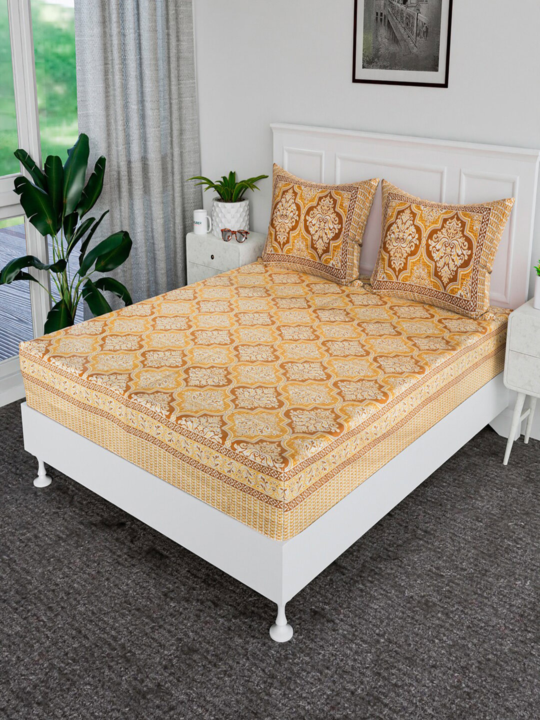 Kuber Industries Flower Heritage Brown Ethnic Motifs Cotton 120 TC King Bedsheet with 2 Pillow Covers-90 x 108 inches