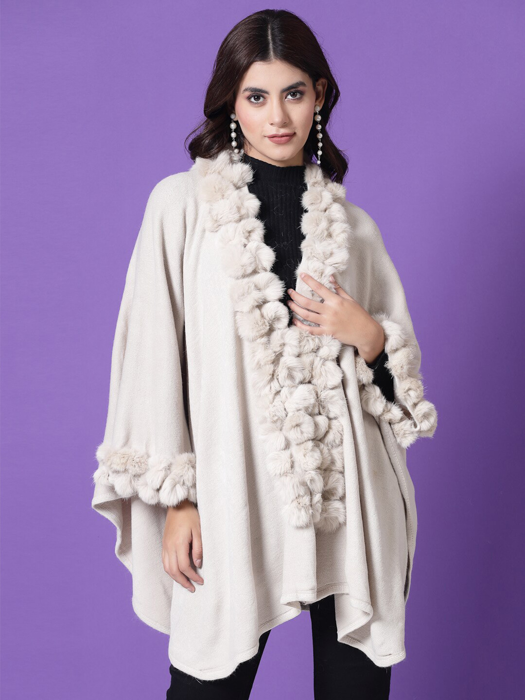 Mafadeny Longline Poncho With Faux Fur Detail