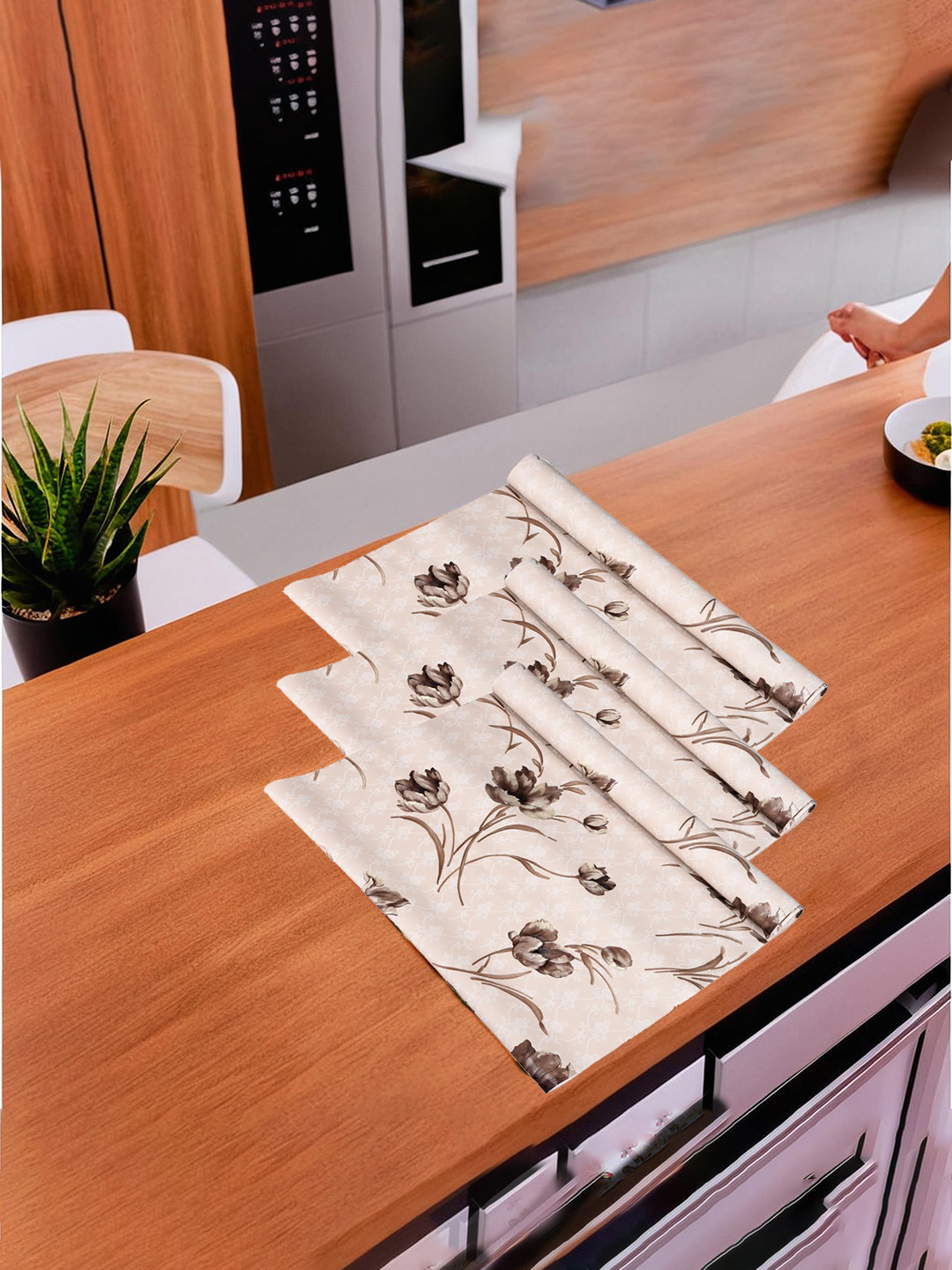 Kuber Industries Brown 3 Pieces Printed PVC Kitchen Cabinet Shelf Liner Organisers