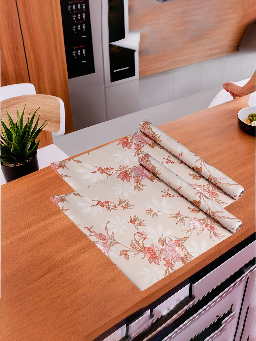 Kuber Industries Cream & Red 2 Pieces Floral Anti-Skid PVC Shelf Liner Organisers 3m