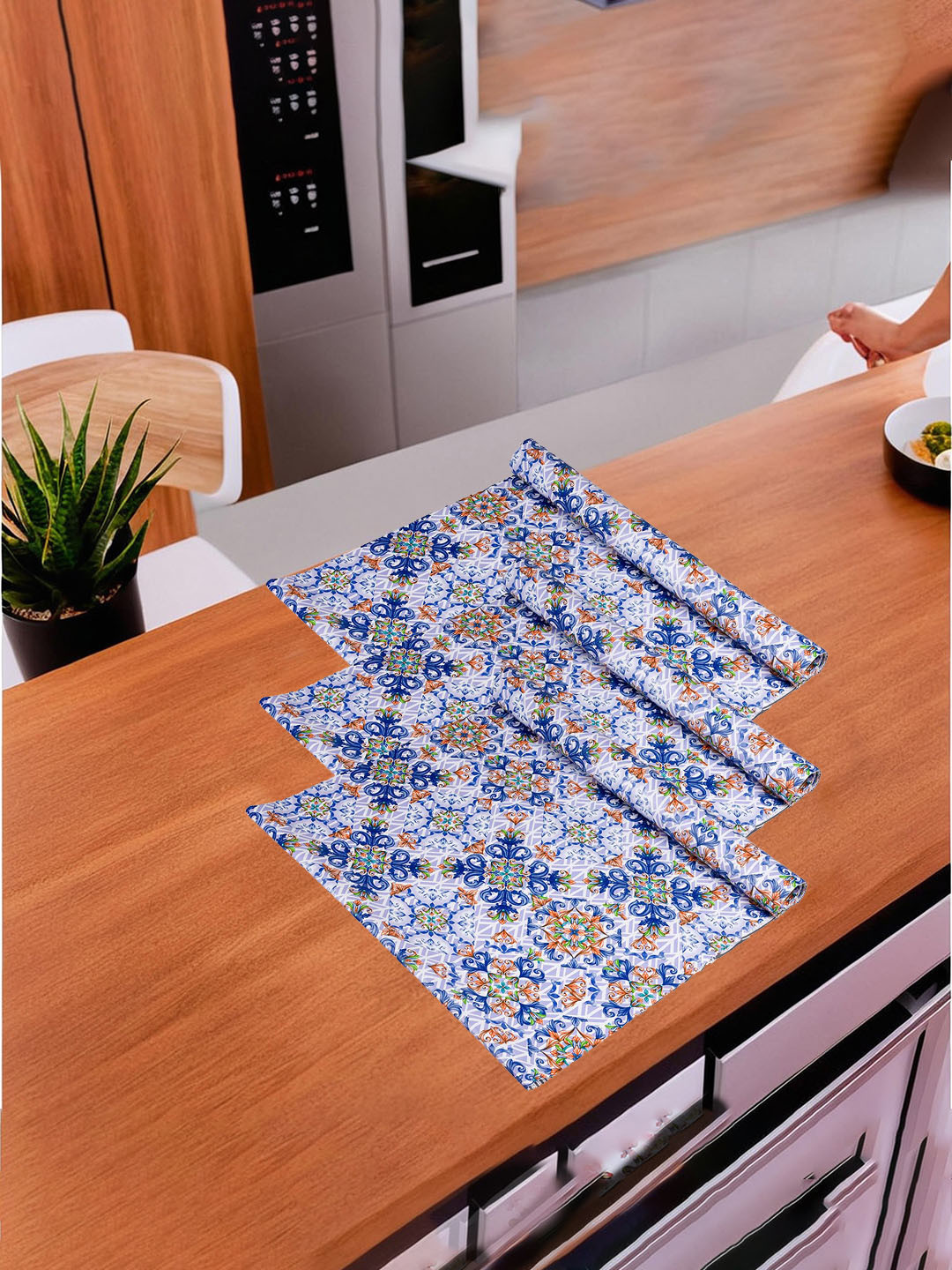 Kuber Industries Blue 3 Pieces Printed PVC Kitchen Shelf Liner Organisers - 3m
