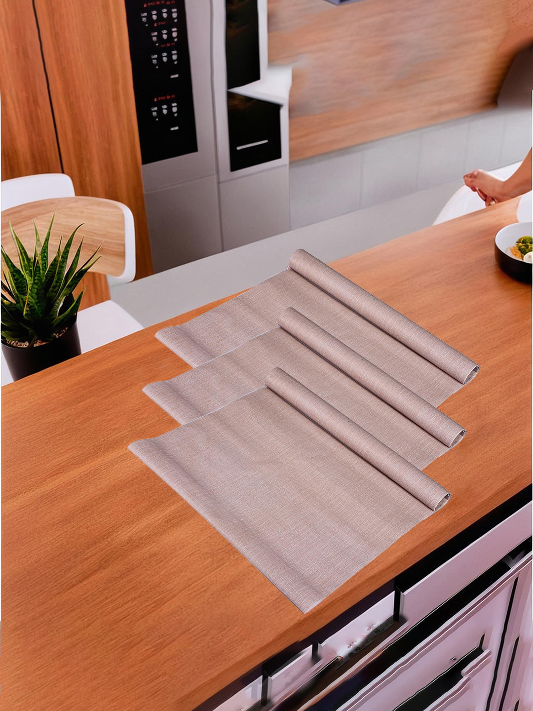 Kuber Industries Beige 3 Pieces self Design PVC Kitchen Shelf Liner Organisers
