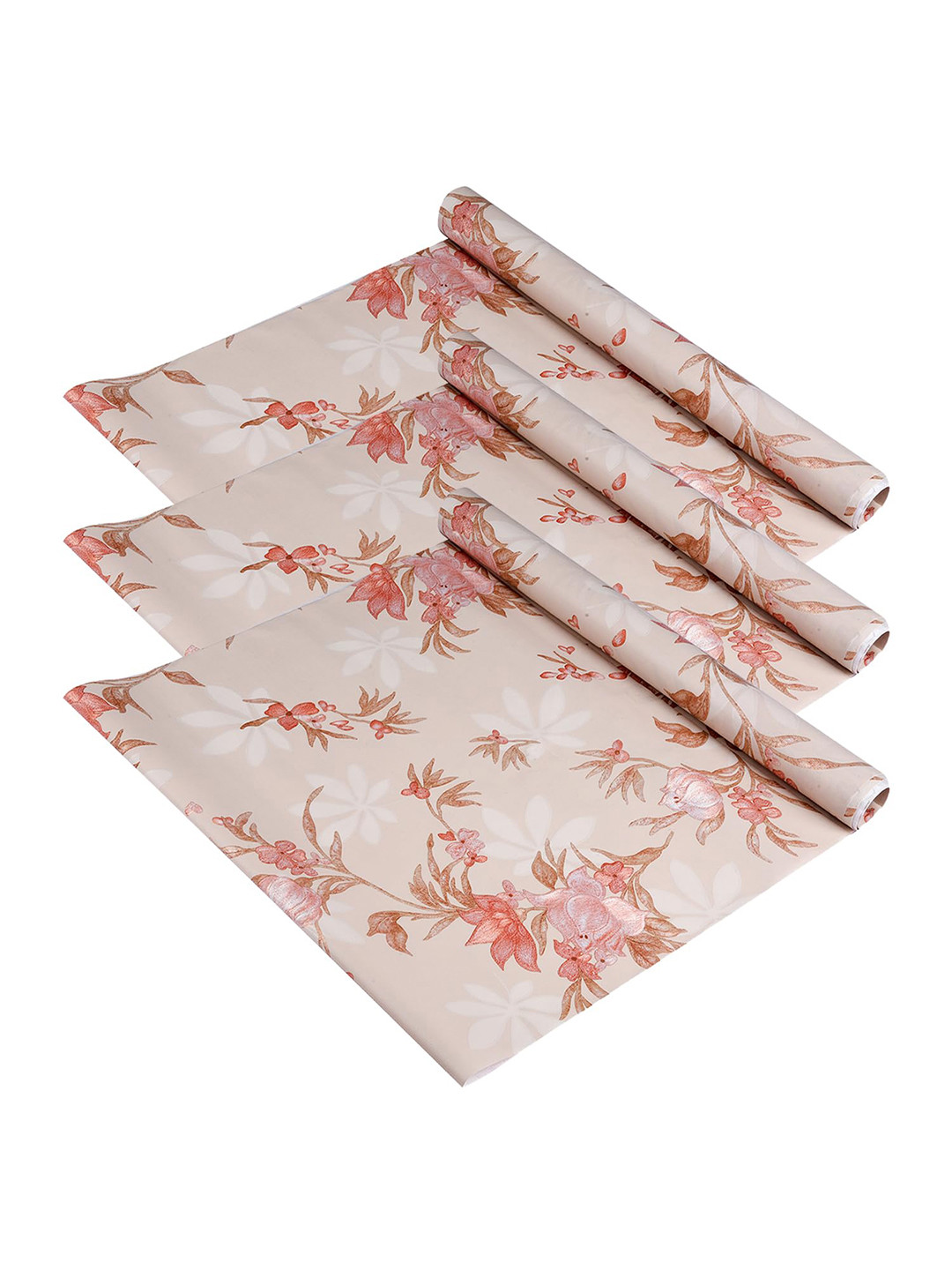 Kuber Industries 3 Pcs Cream & Red Floral Printed Anti-Skid Kitchen Shelf Liner Organiser