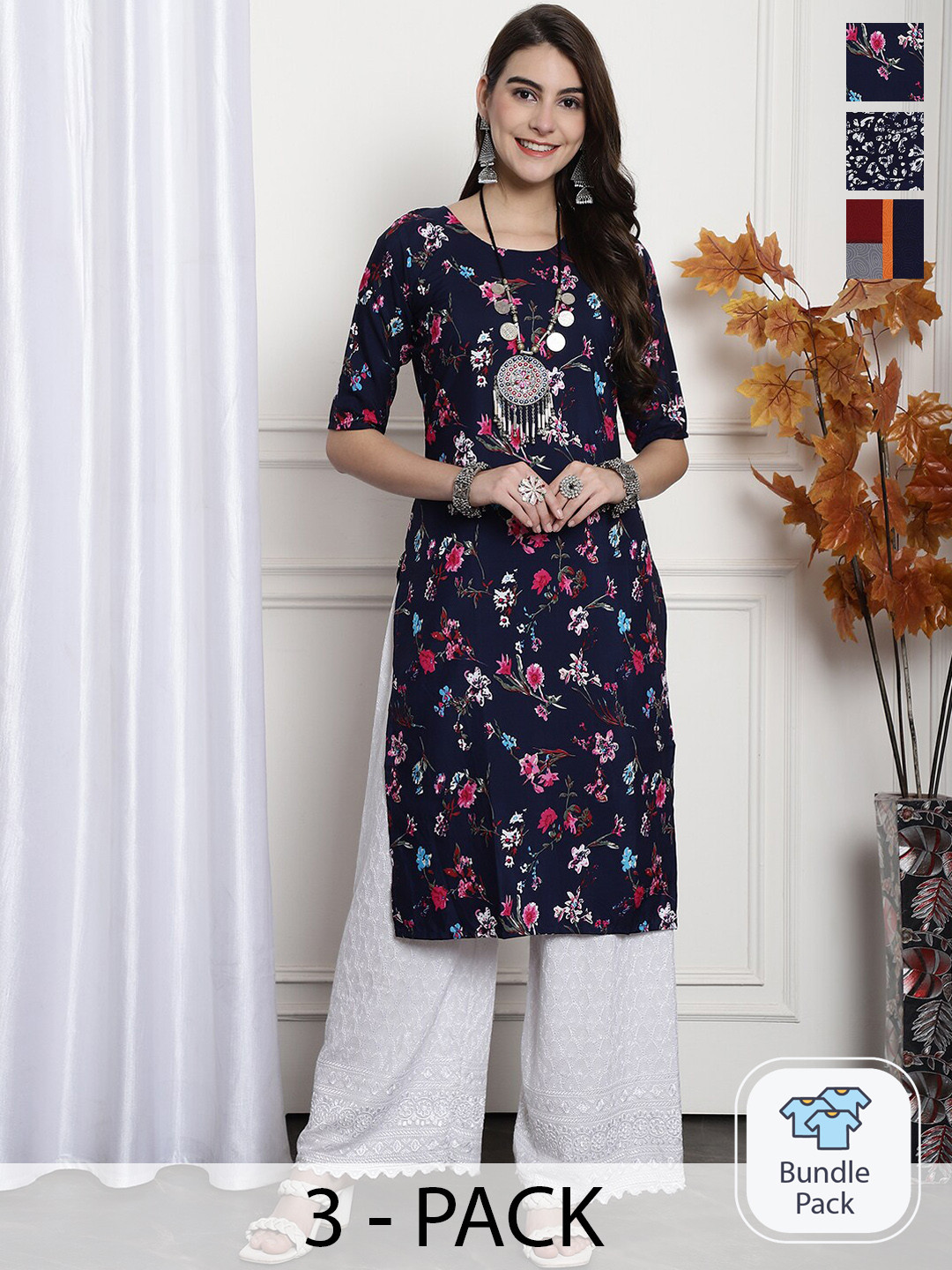 7Threads Selection Of 3 Floral Printed Straight Kurta