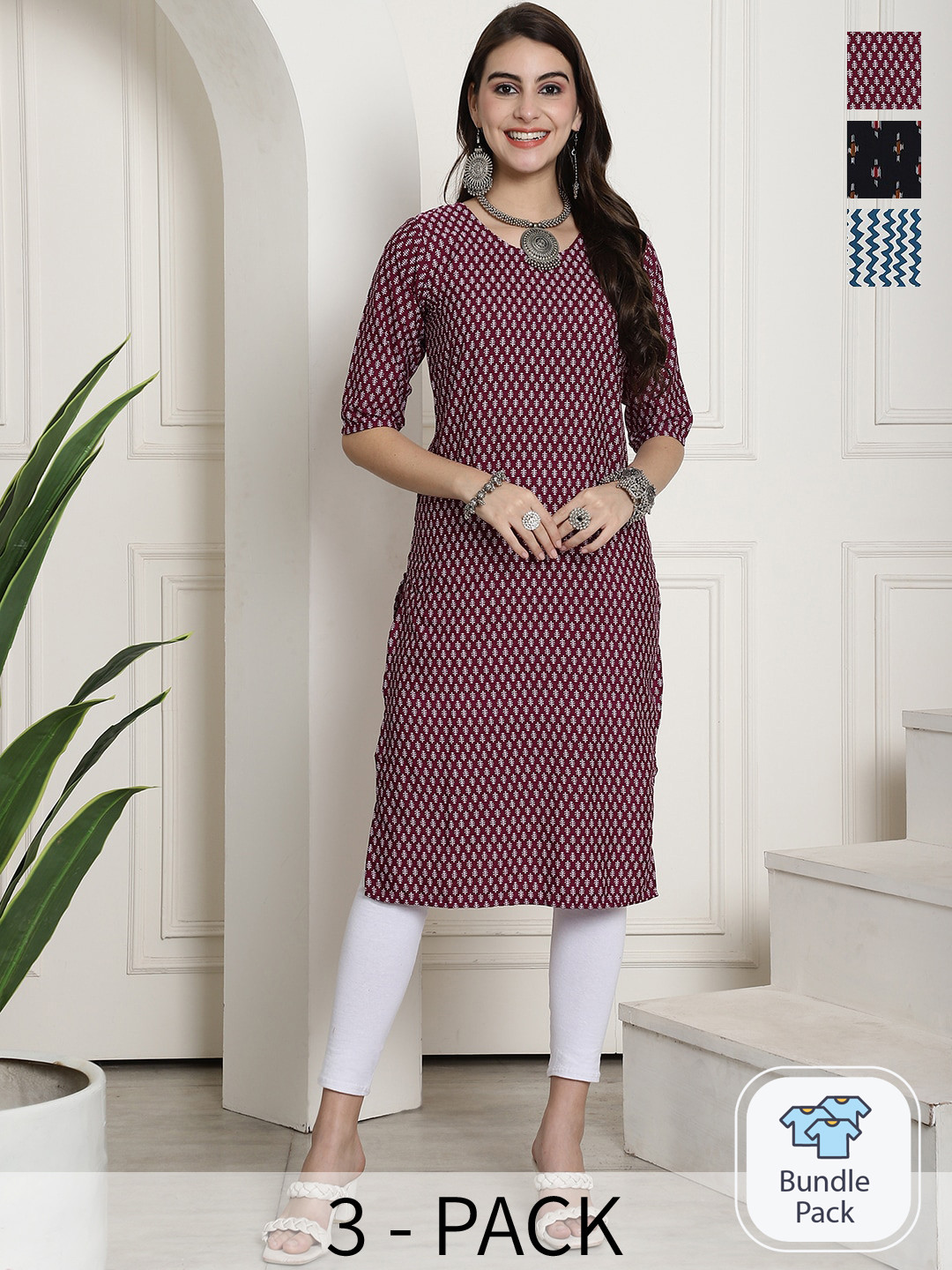 7Threads Selection Of 3 Printed Round Neck Short Sleeves Crepe Straight Kurta