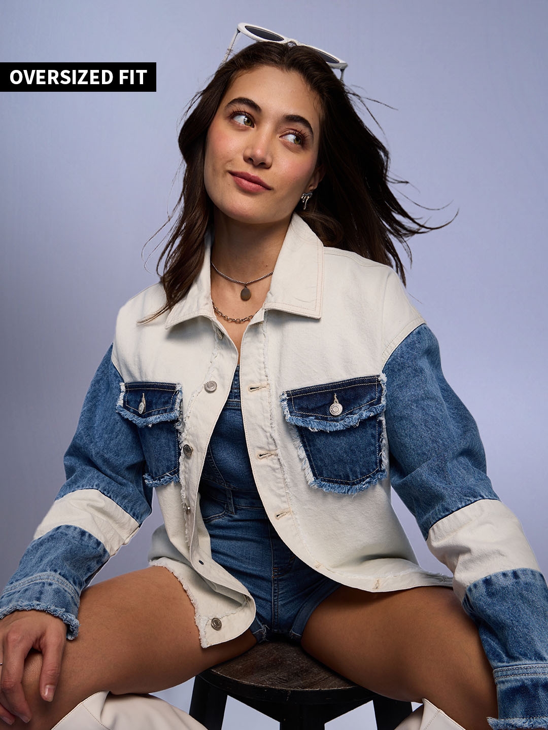 Buy The Souled Store White Blue Colourblocked Pure Cotton Denim Jacket Jackets for Women 25797618 Myntra