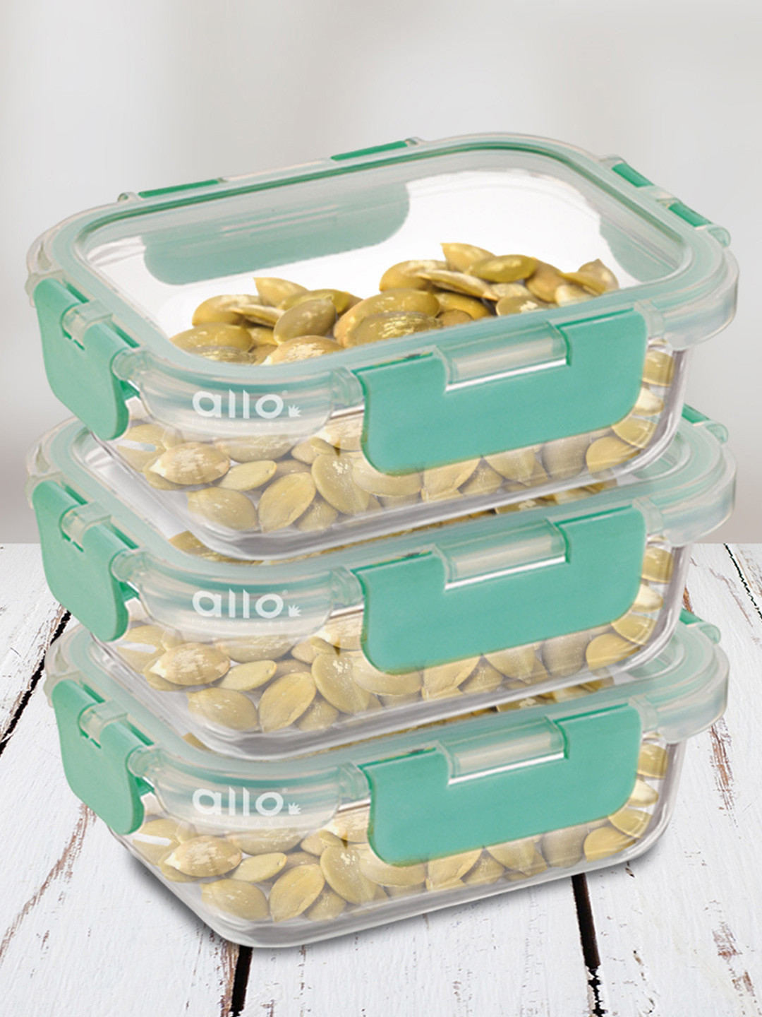 Allo CL318RG Sea Green Solid Glass Oven Safe 3PCs Lunch Box With Spoon and Fork