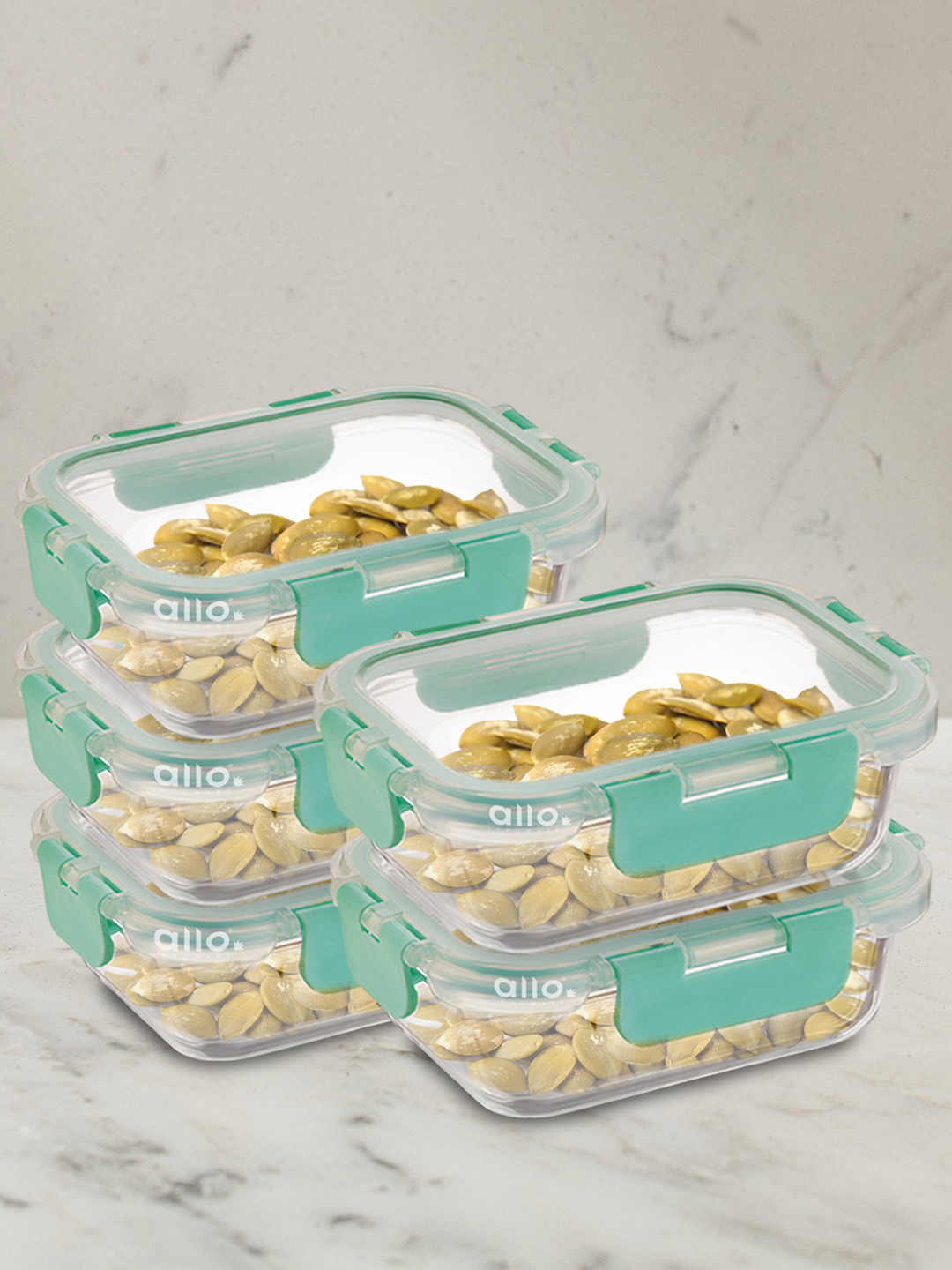 Allo CL518RG Green Solid Glass Oven Safe 5PCs Lunch Box With Spoon and Fork