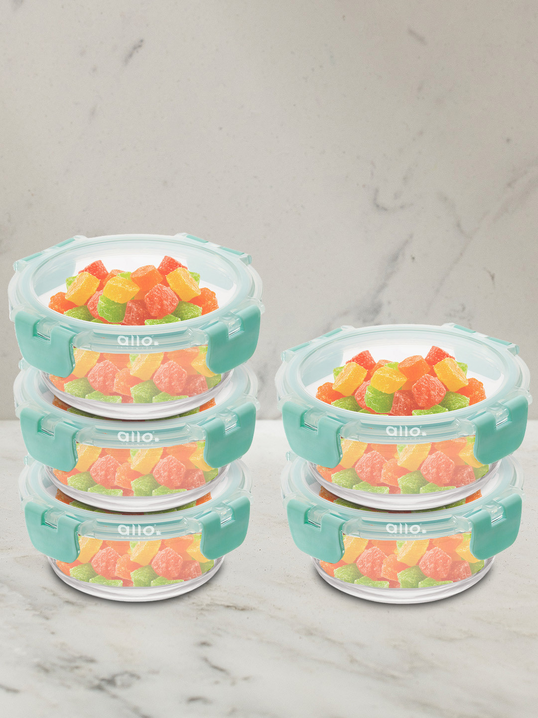 Allo CL521CG Green Solid Glass Oven Safe 5PCs Lunch Box With Spoon and Fork