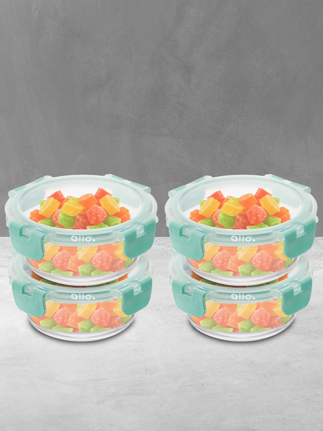 Allo CL421CG Green Solid Glass Oven Safe 4PCs Lunch Box With Spoon and Fork