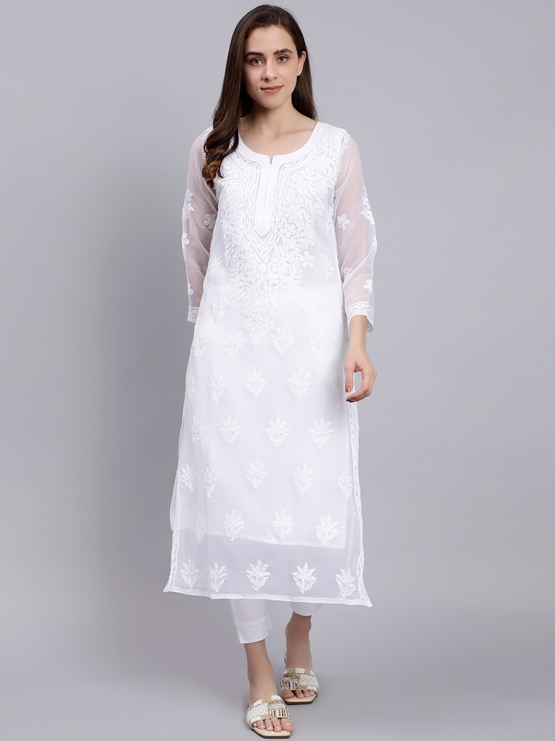 Seva Chikan Ethnic Motifs Embroidered Chikankari Kurta With Slip