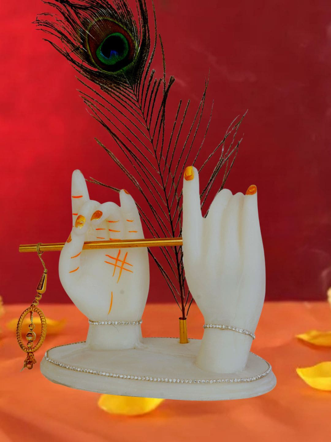 Mariner's Creation Krishna Hand with Flute and Peacock Feather White Polyresin Glossy Prayer Room Medium Showpiece - 7.1 Inches