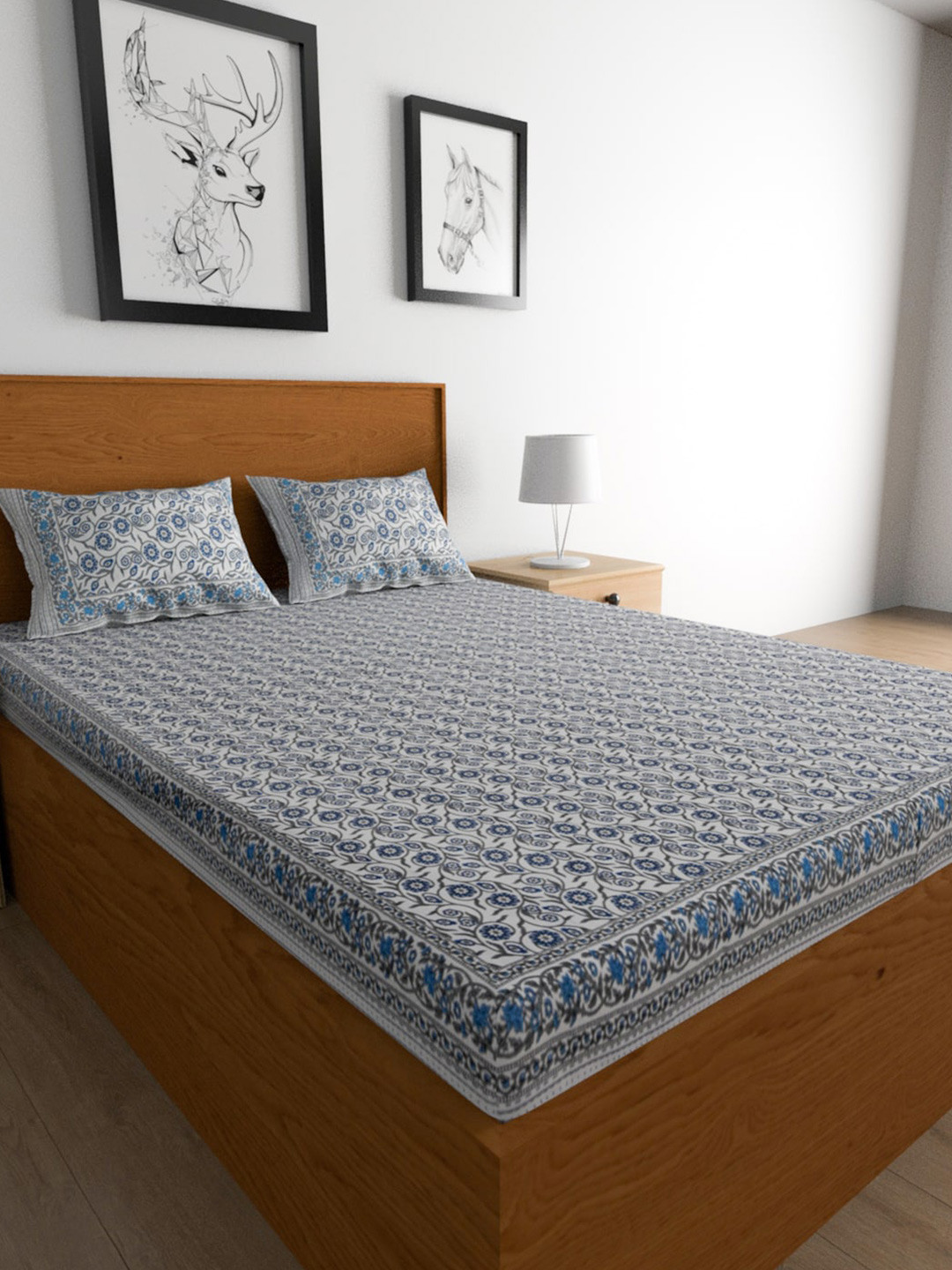 Urban Magic Blue Floral Cotton 104 TC King Coarse Bedsheet with 2 Pillow Covers-108 x 89 inches