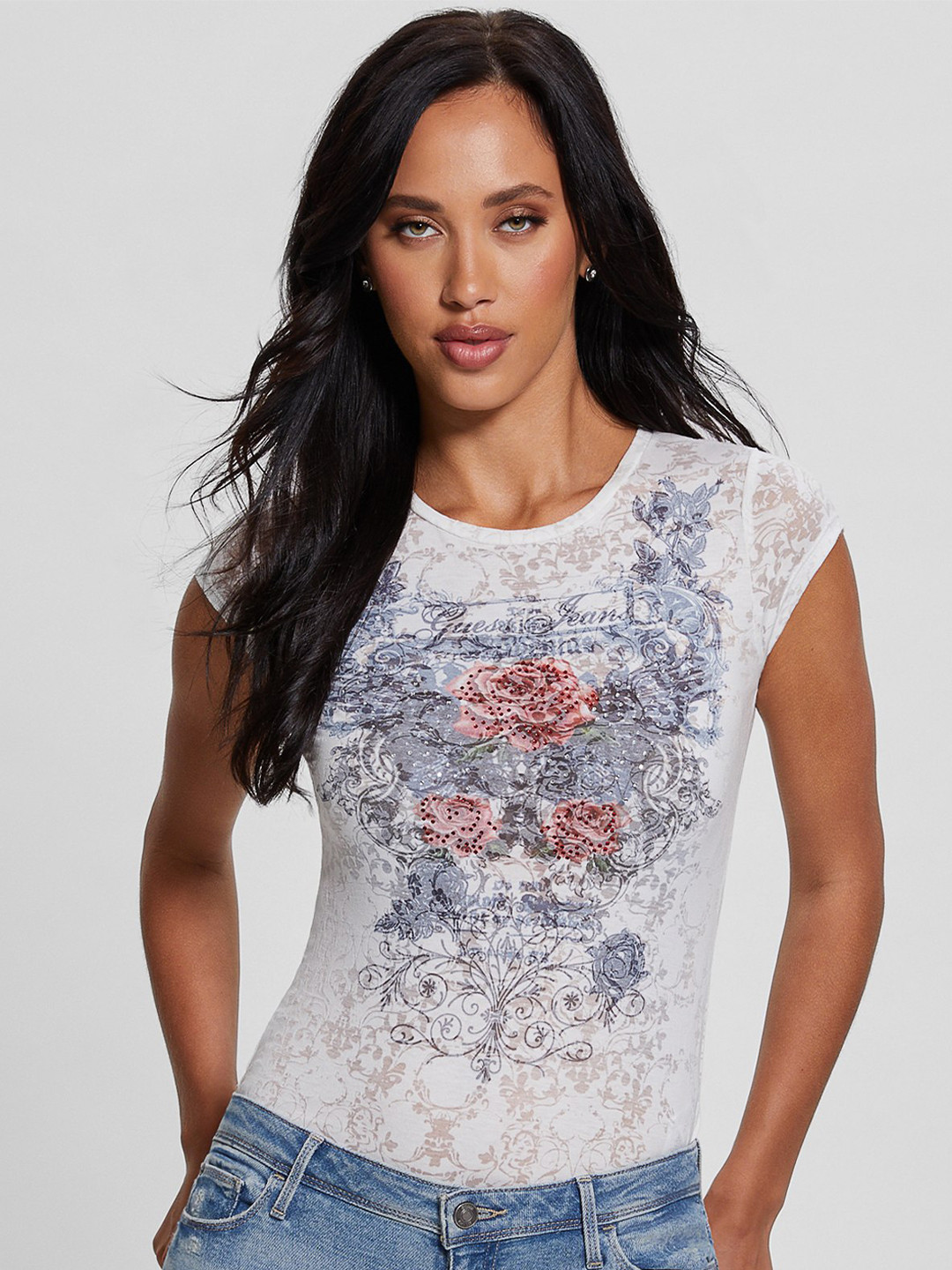 GUESS Floral Printed Round Neck T-shirt