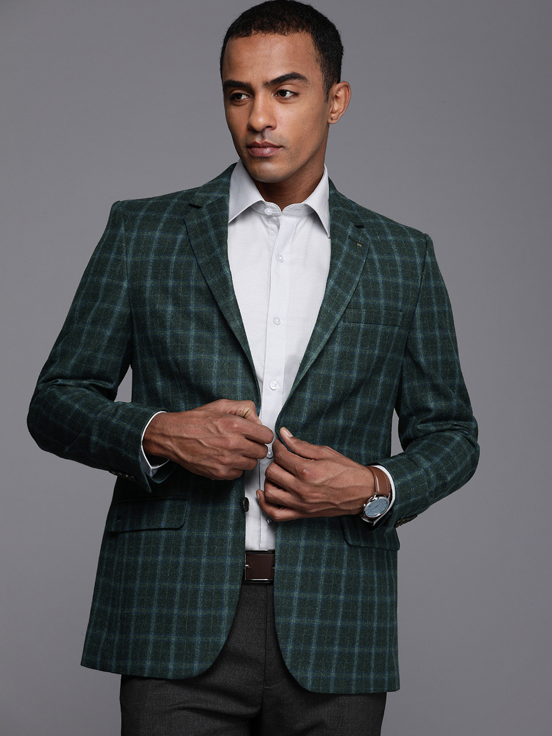 Louis Philippe Pure Wool Checked Single-Breasted Formal Blazers