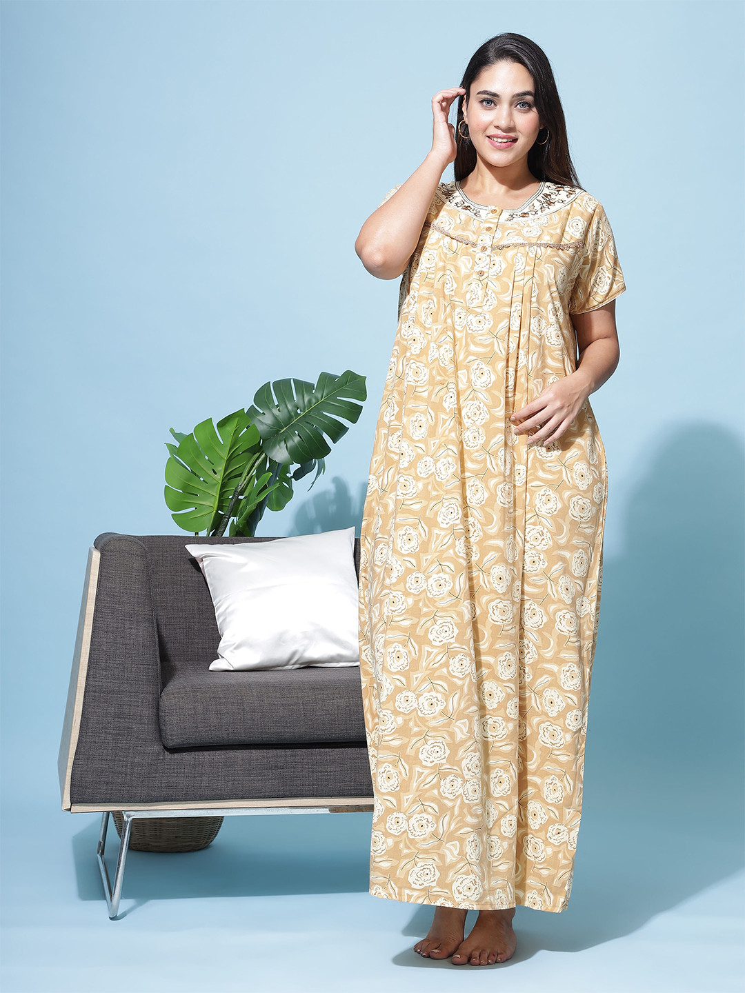 9shines Label Crush Cotton Yellow Embroidered with pocket Nightdress