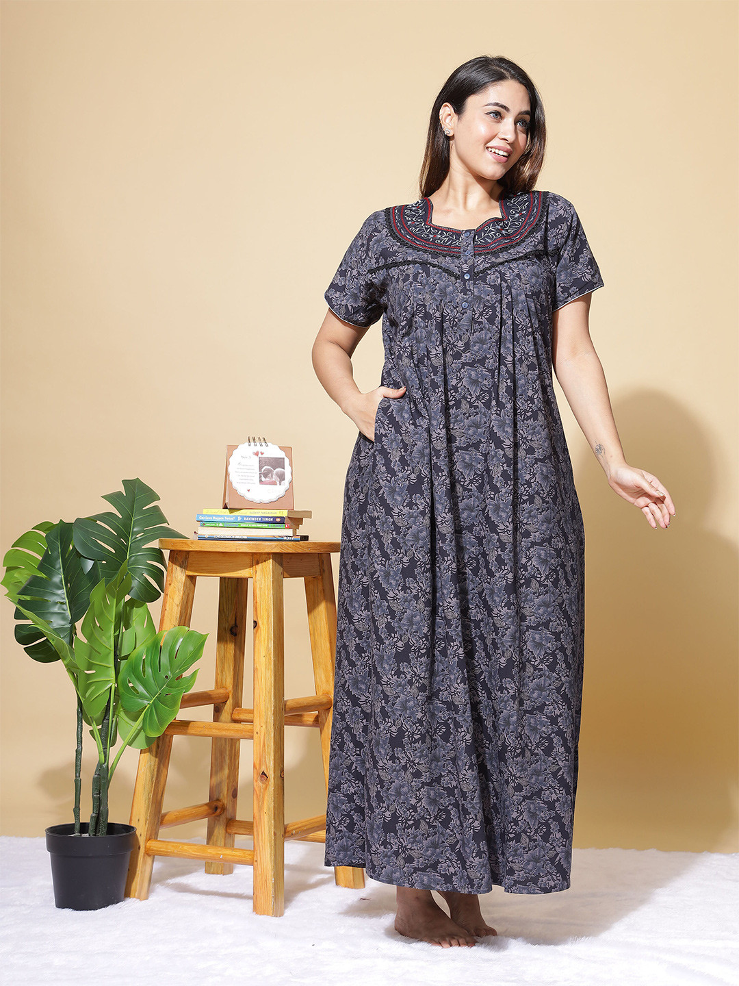 9shines Label Crush Cotton Floral Dark Blue Pleated with pocket Nightdress