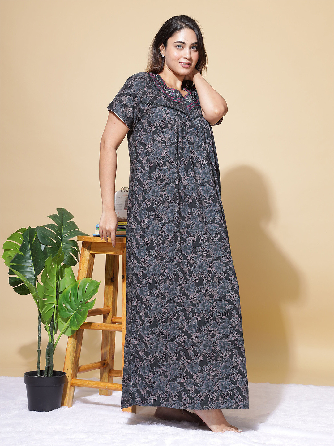9shines Label Floral Printed Pure Cotton Maxi Nightdress