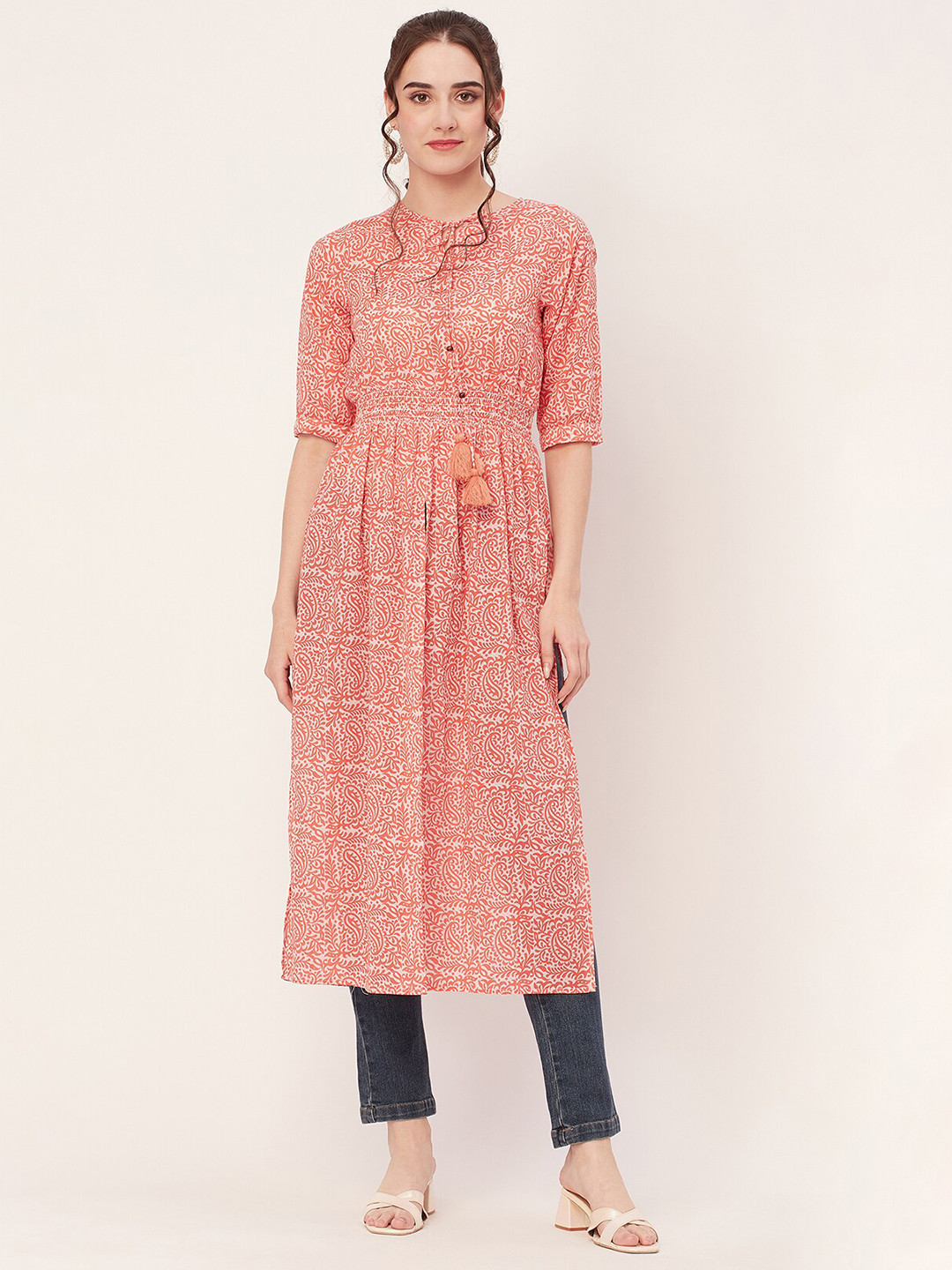 Moomaya Paisley Printed Tie Up Neck Pure Cotton Straight High Slit Fusion Kurta