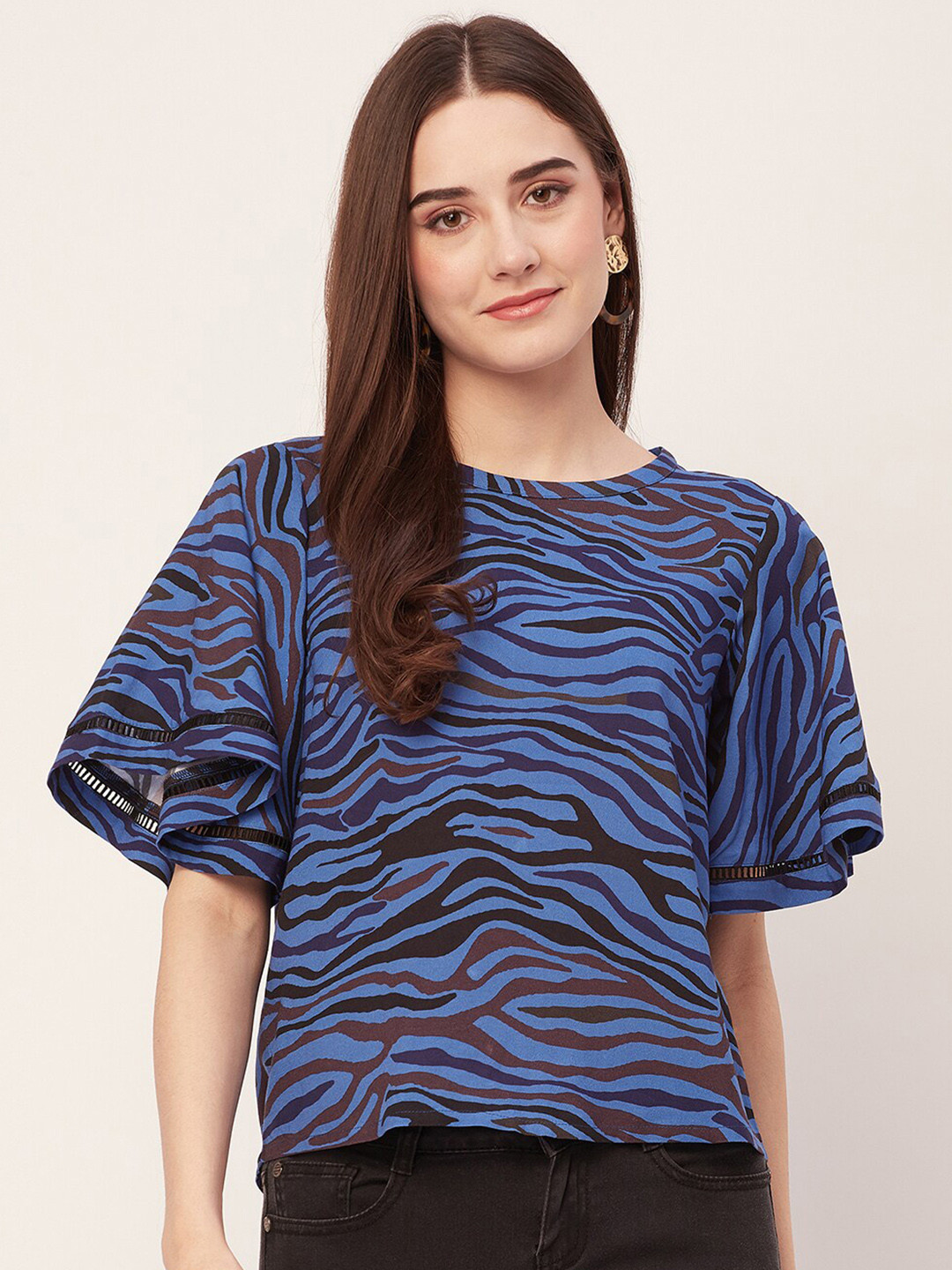 Moomaya Animal Printed Flutter Sleeve Top