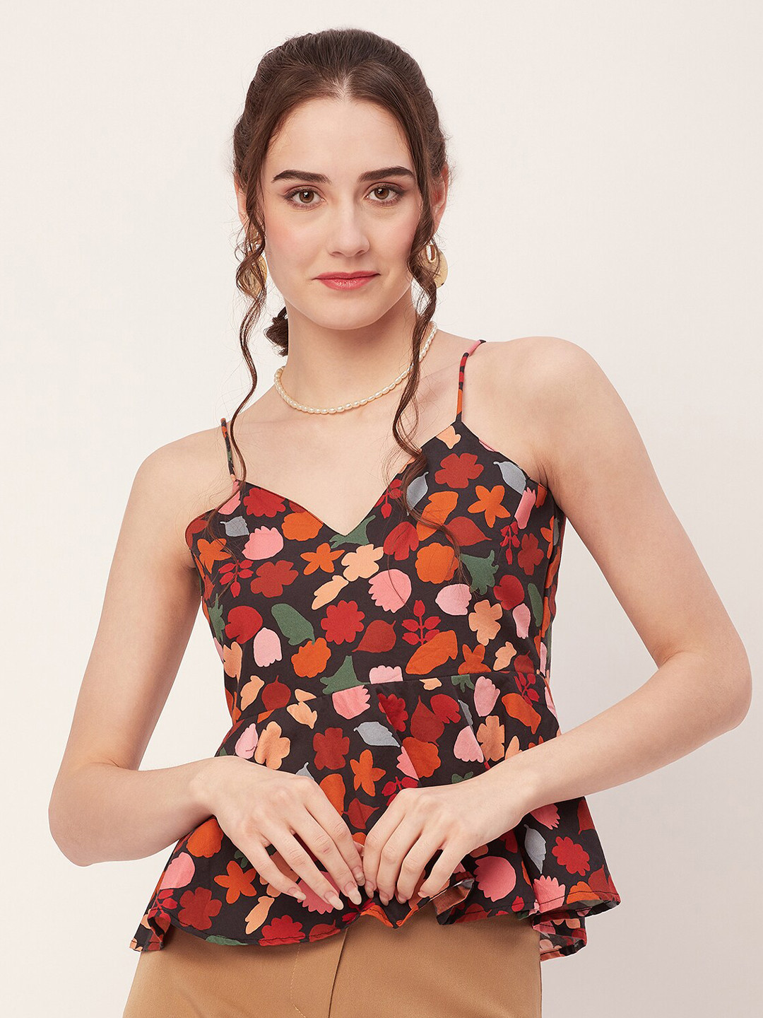 Moomaya Floral Print Shoulder Strap Cotton Peplum Top