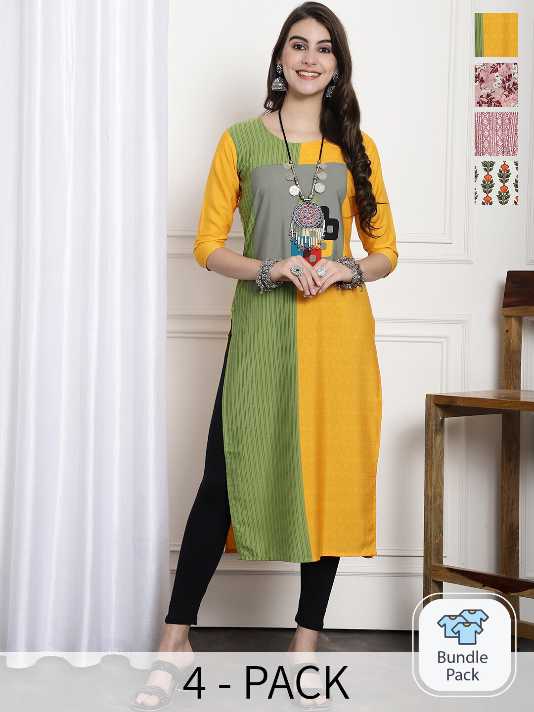 7Threads Pack of 4 Floral Printed Stright Crepe Kurta