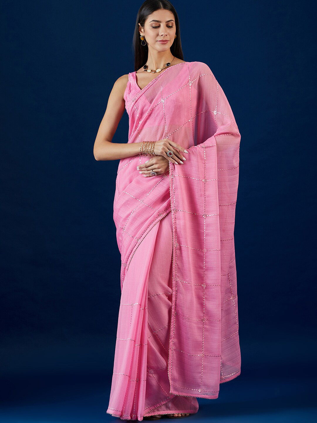Anouk Pink Geometric Embellished Sequence Pure Chiffon Saree With Gotta Patti Detail