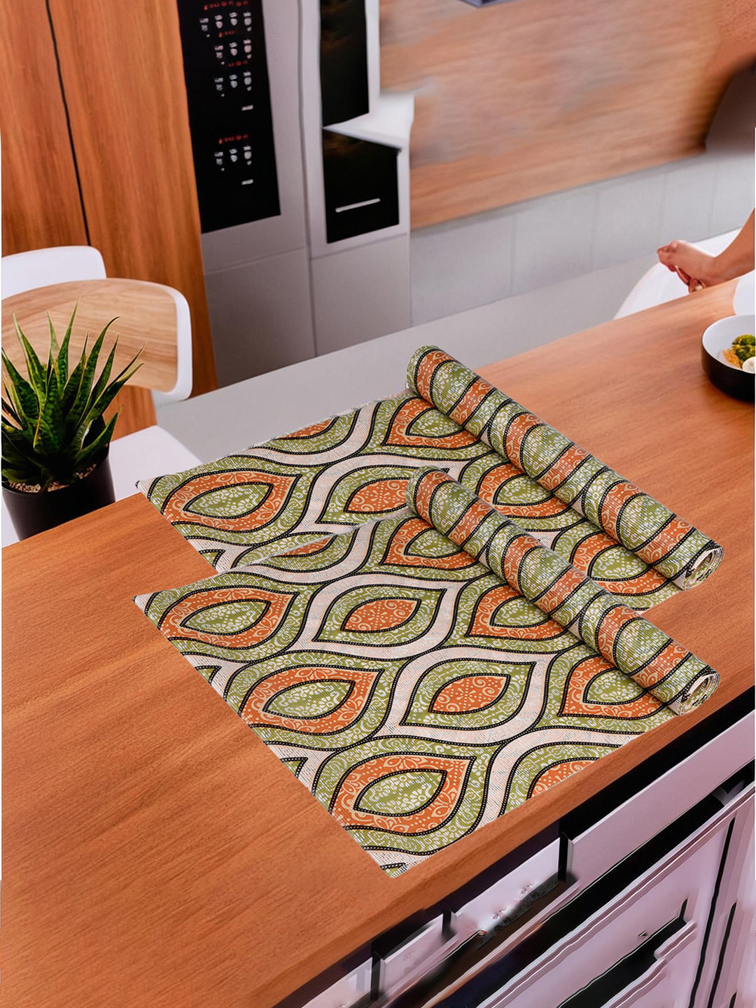 Kuber Industries 2 Pcs Green & Orange Printed Anti-Skid Kitchen Shelf Liner