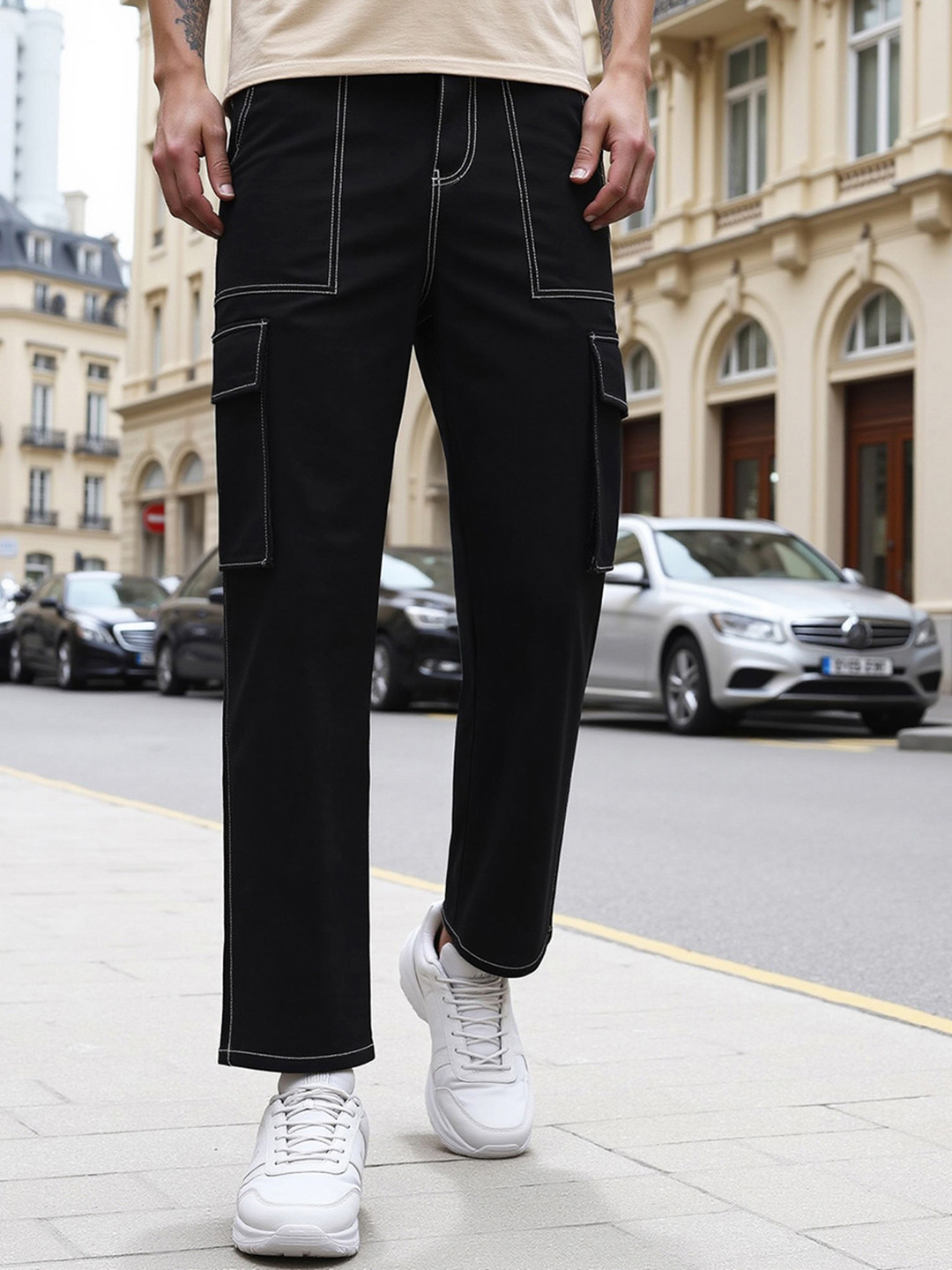 Bewakoof Men Black Straight Fit Cargo Pants