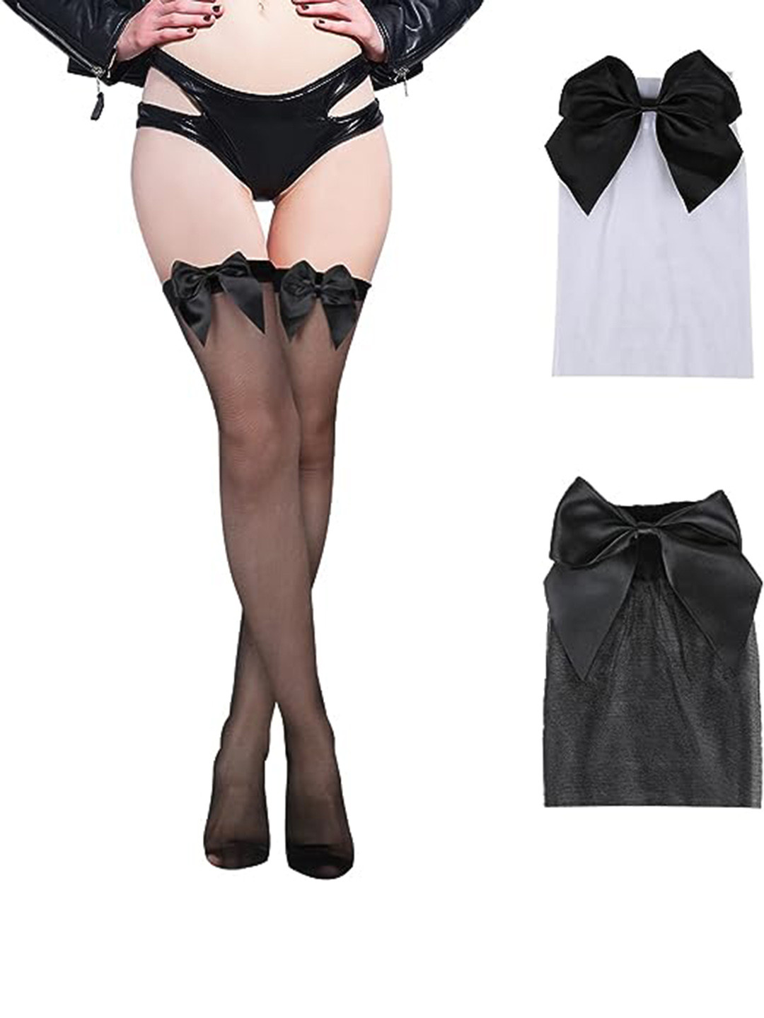 BAESD Bow Detail Anti-Bacterial Quick Dry Sheer Thigh-High Stockings